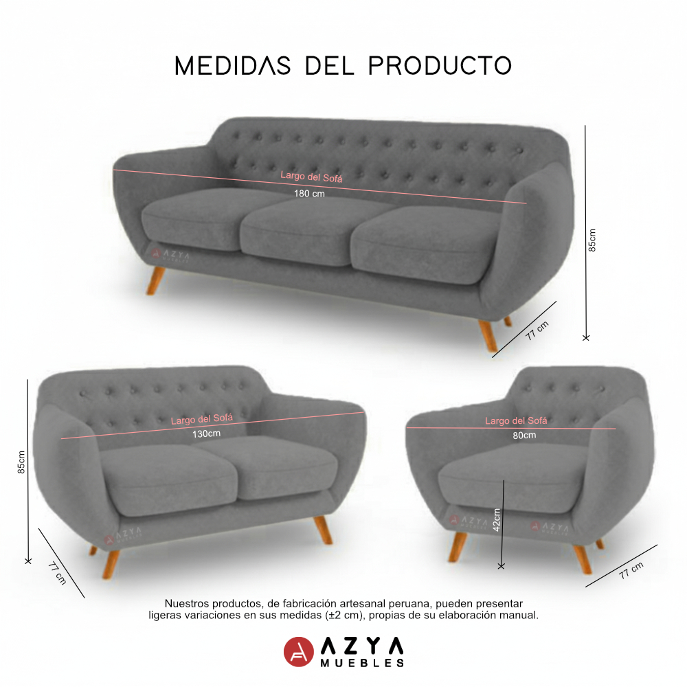JUEGO SALA AZYA MUEBLES CERES 3-2-1 GRIS + COJINES DECORATIVOS - 3