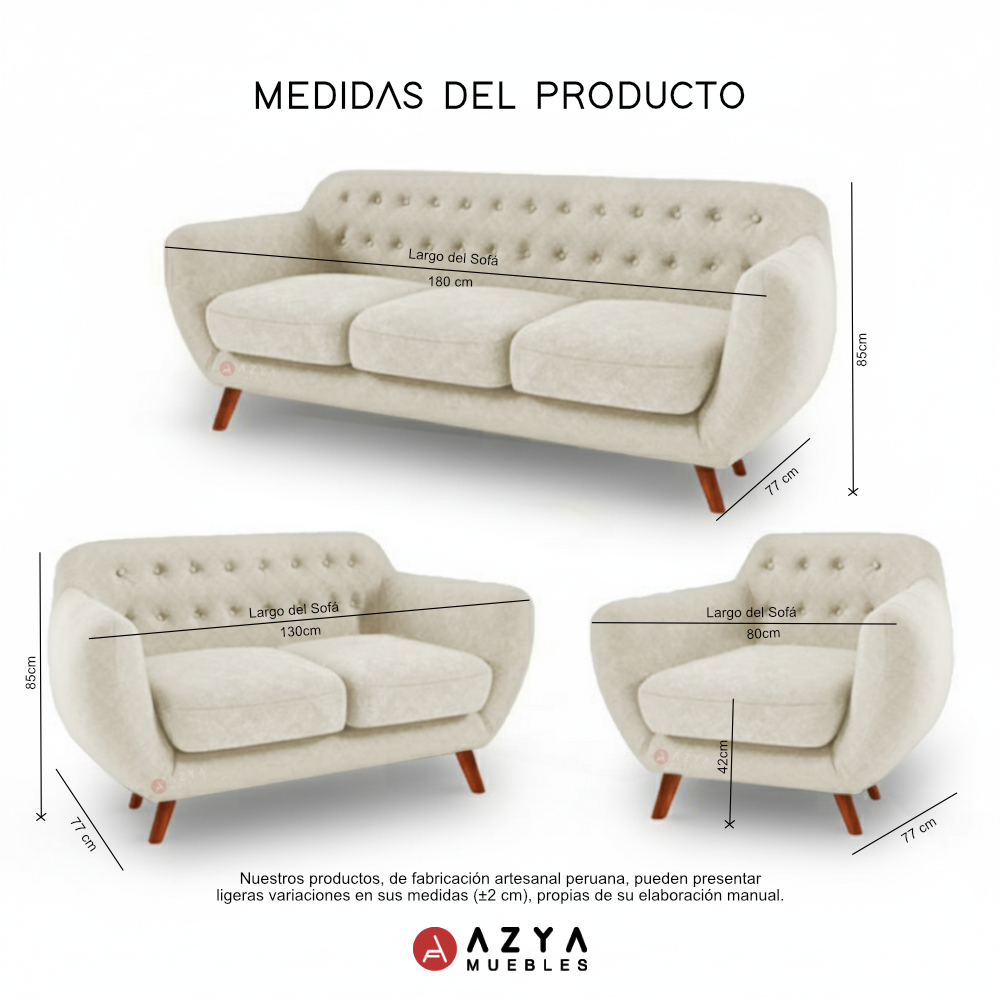 JUEGO SALA AZYA MUEBLES TERCIOPELO CERES 3-2-1 BEIGE + COJINES DECORATIVOS - 3