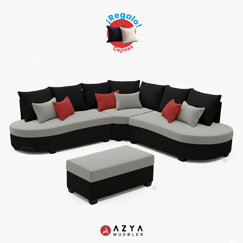 JUEGO DE SALA SECCIONAL VALENTINO + COJINES DE REGALO + BANQUETA | NEGRO / GRIS - 1