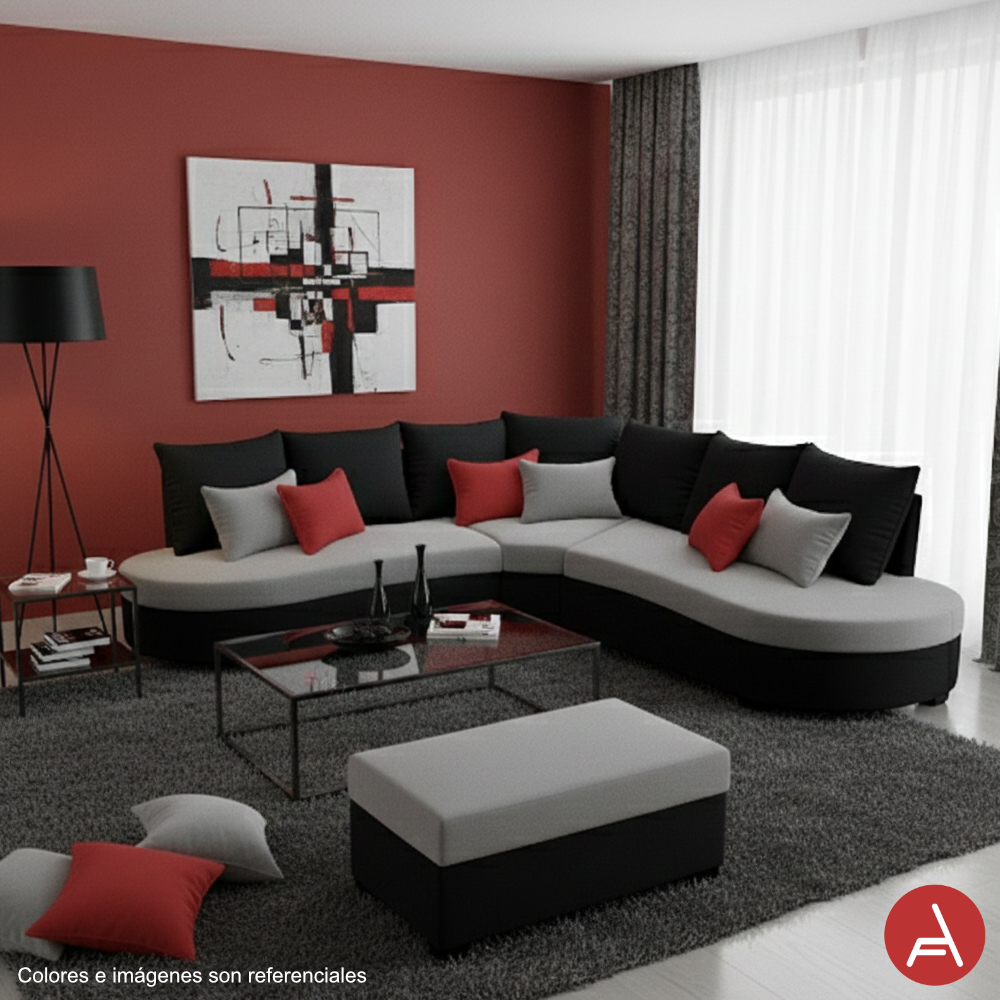 JUEGO DE SALA SECCIONAL VALENTINO + COJINES DE REGALO + BANQUETA | NEGRO / GRIS - 2