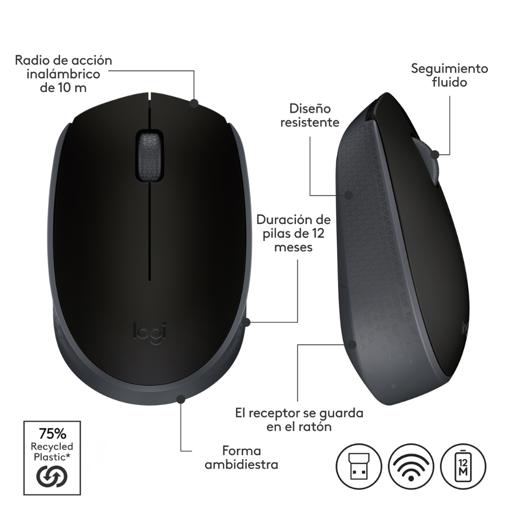 MOUSE LOGITECH INALÁMBRICO M170 NEGRO - 7