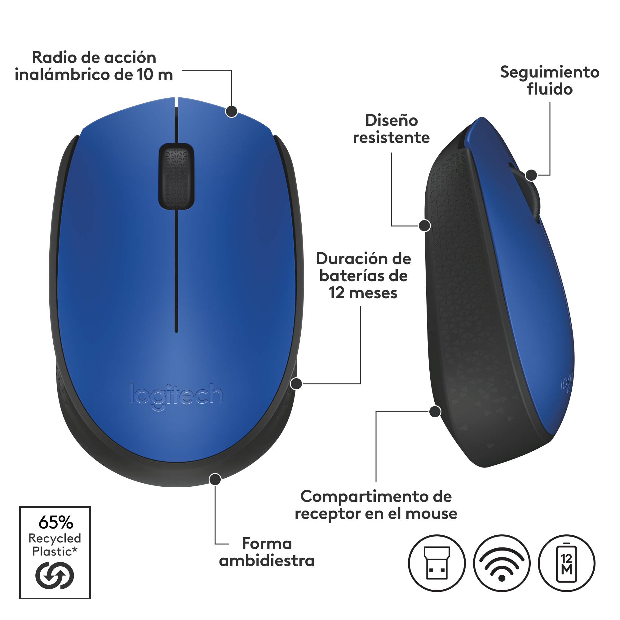 MOUSE INALÁMBRICO LOGITECH M170 AZUL - 6
