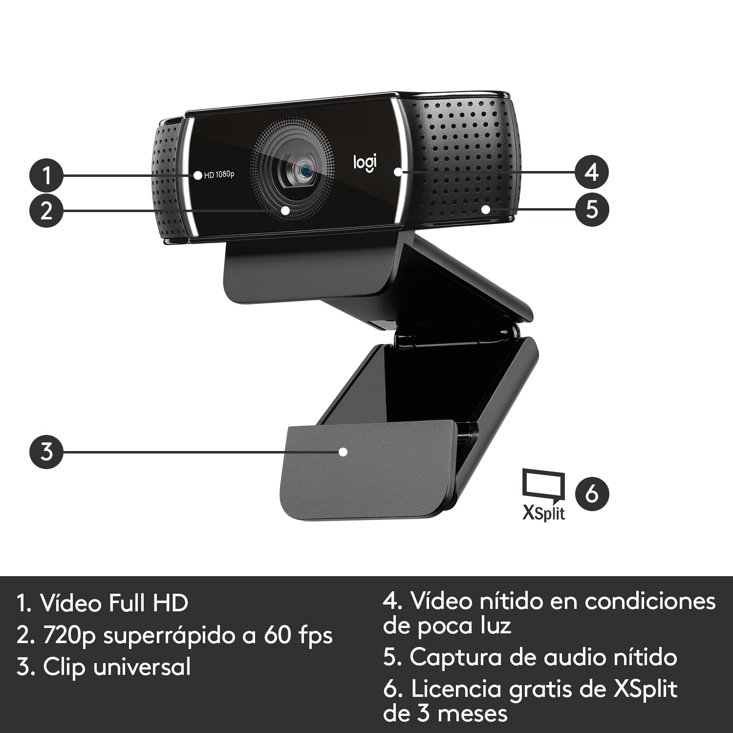Cámara web Logitech C922 Pro Stream Webcam Negro - 5