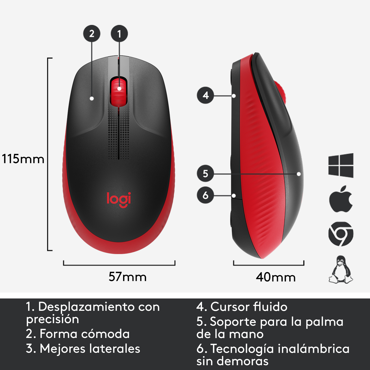 Mouse inalámbrico Logitech de tamaño normal Logitech M190 Rojo - 4
