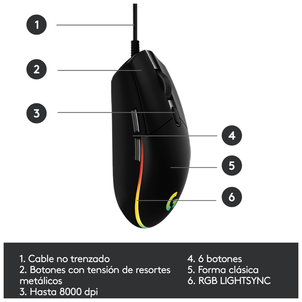 Mouse Logitech G203 LIGHTSYNC para Gaming Negro - 5