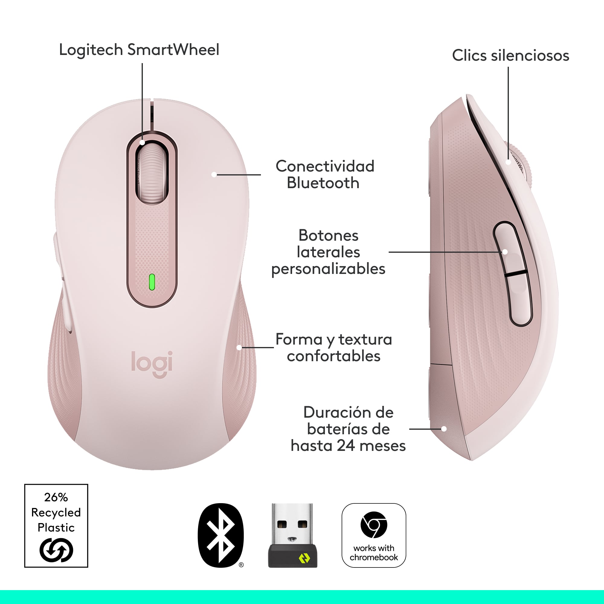 MOUSE INALÁMBRICO LOGITECH BLUETOOTH SIGNATURE M650 SILENT ROSE - 6
