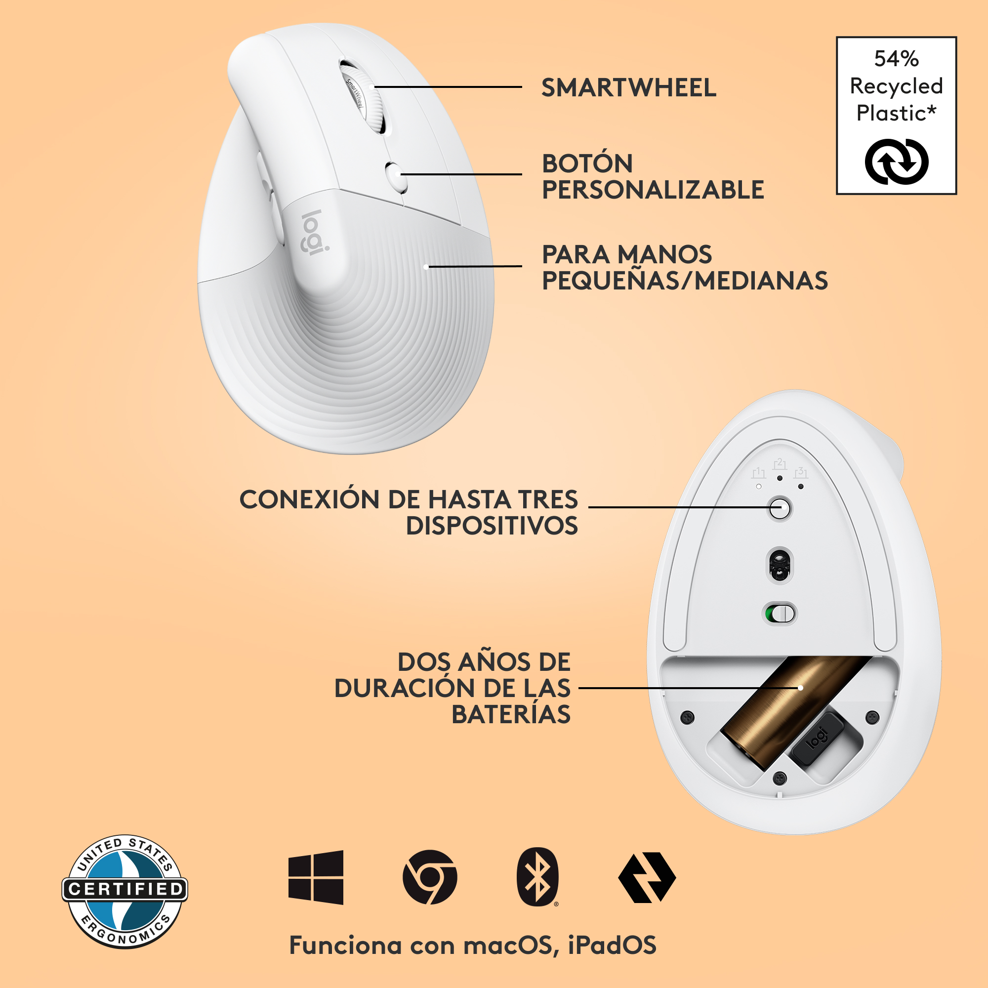 Mouse ergonómico vertical Logitech Lift Blanco - 5