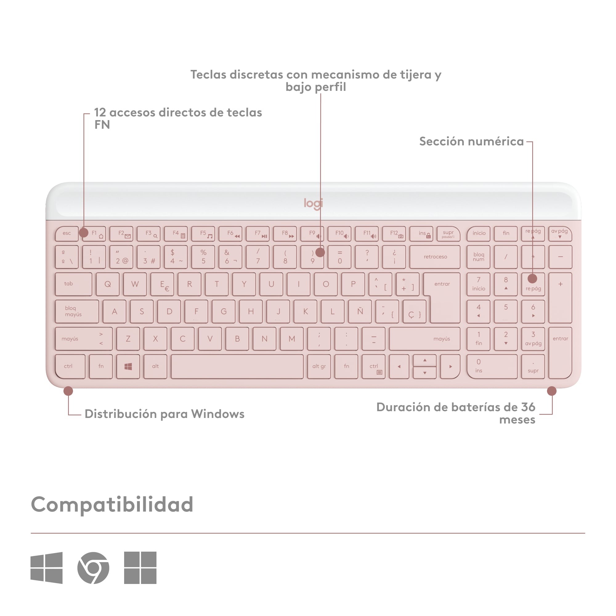 Combo teclado y mouse inalámbrico Logitech MK470 Slim Rosado - 5