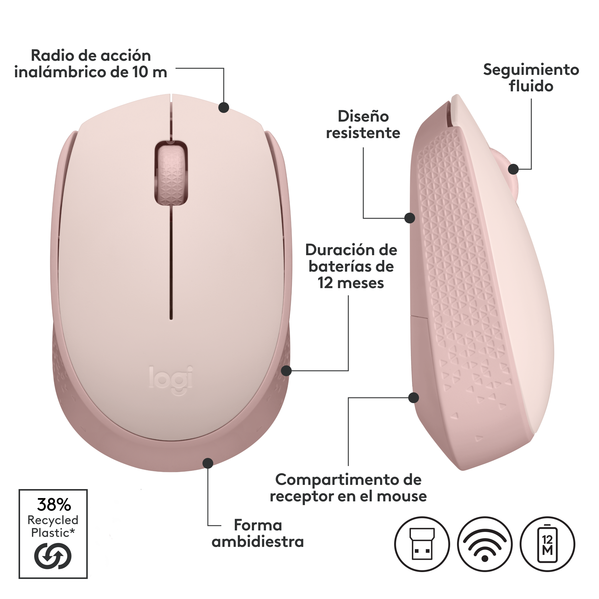 MOUSE INALÁMBRICO LOGITECH M170 ROSE - 6