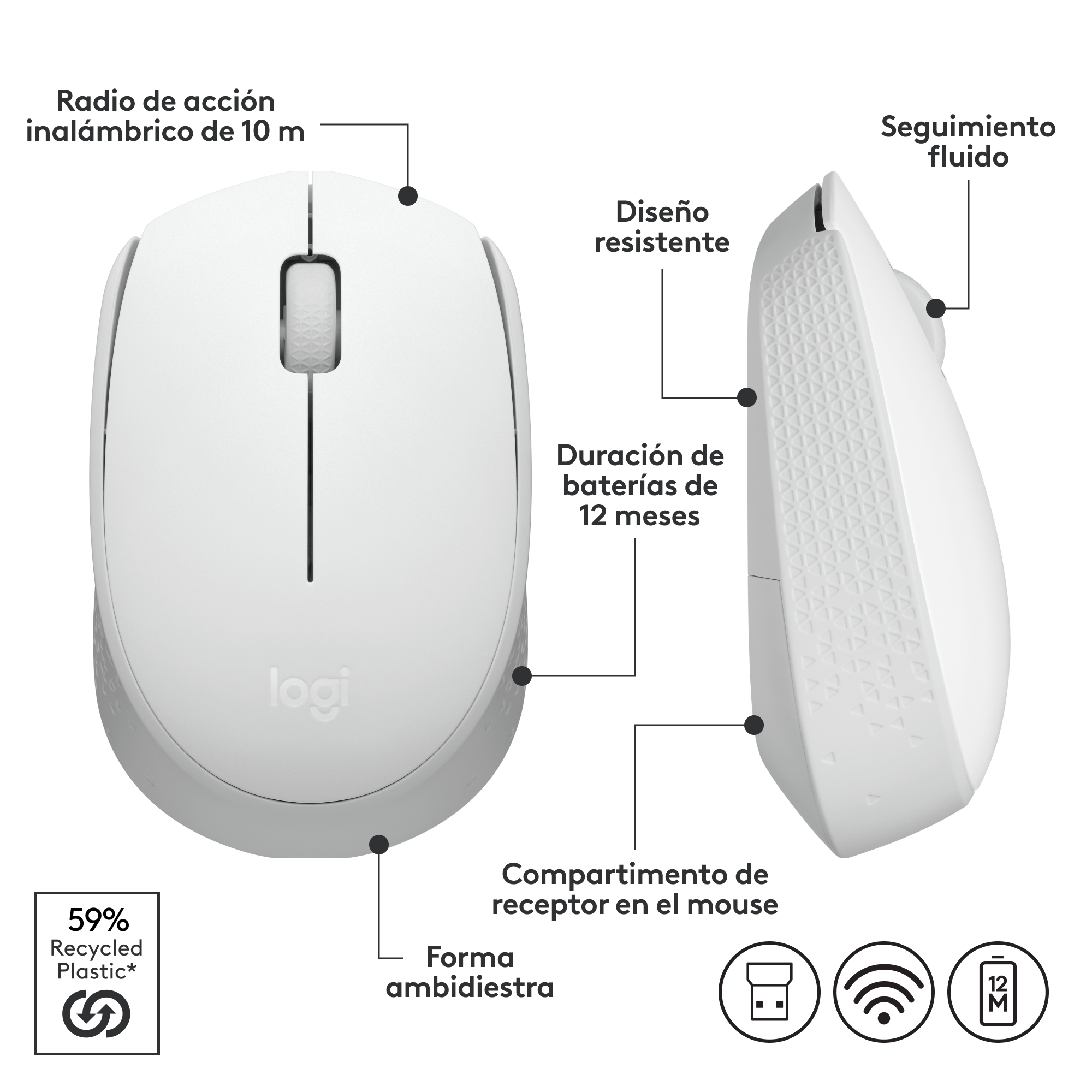 MOUSE INALÁMBRICO LOGITECH M170 WHITE - 6