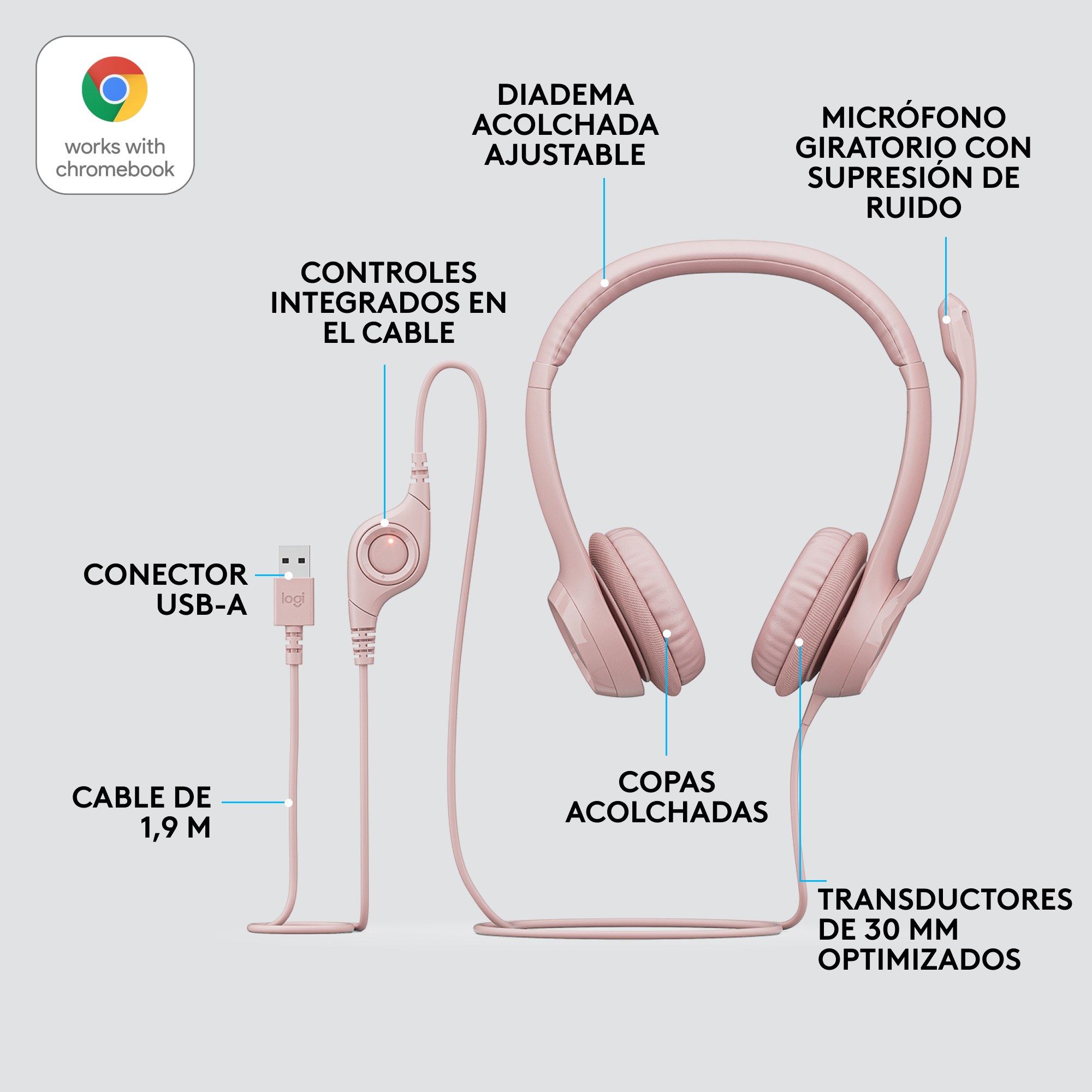 AUDÍFONOS LOGITECH OVER-EAR H390 ROSE CON MICROFONO H390 USB ISE CANCELLING ROSE - 5
