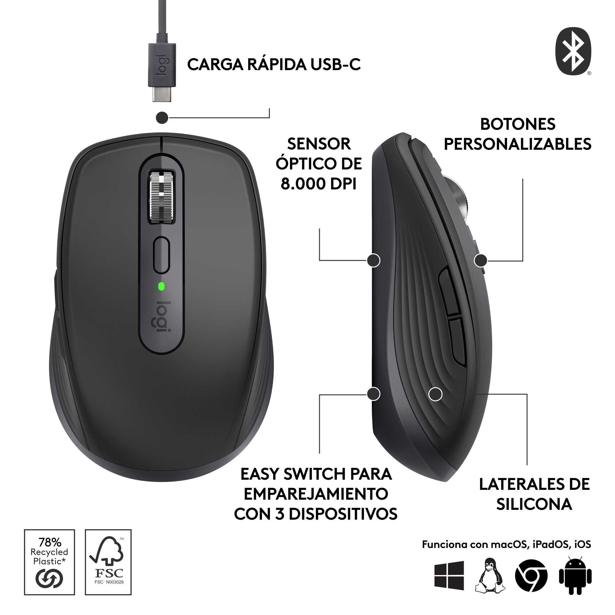 MOUSE INALÁMBRICO LOGITECH MX ANYWHERE 3S BLUETOOTH GRAPHITE - 5