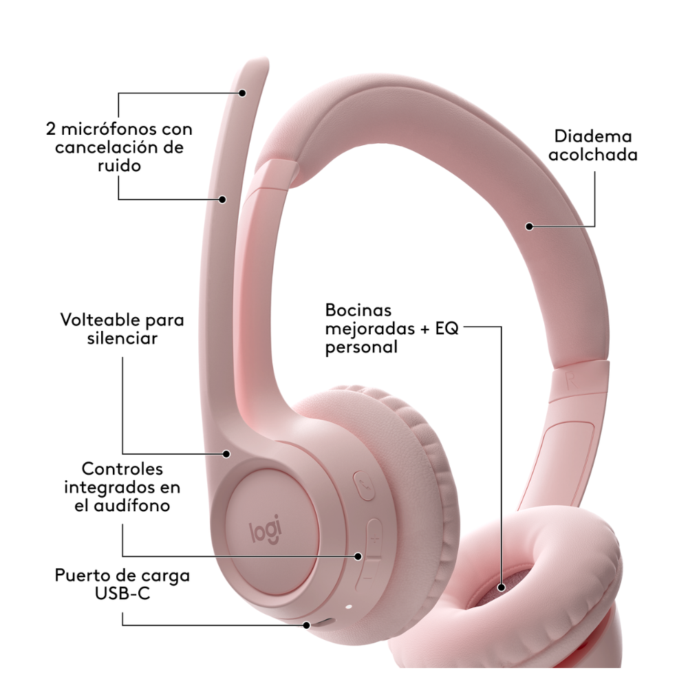 AUDÍFONOS LOGITECH OVER-EAR ZONE 300 BLUETOOTH CON MICROFONO /20HRS ROSE - 5