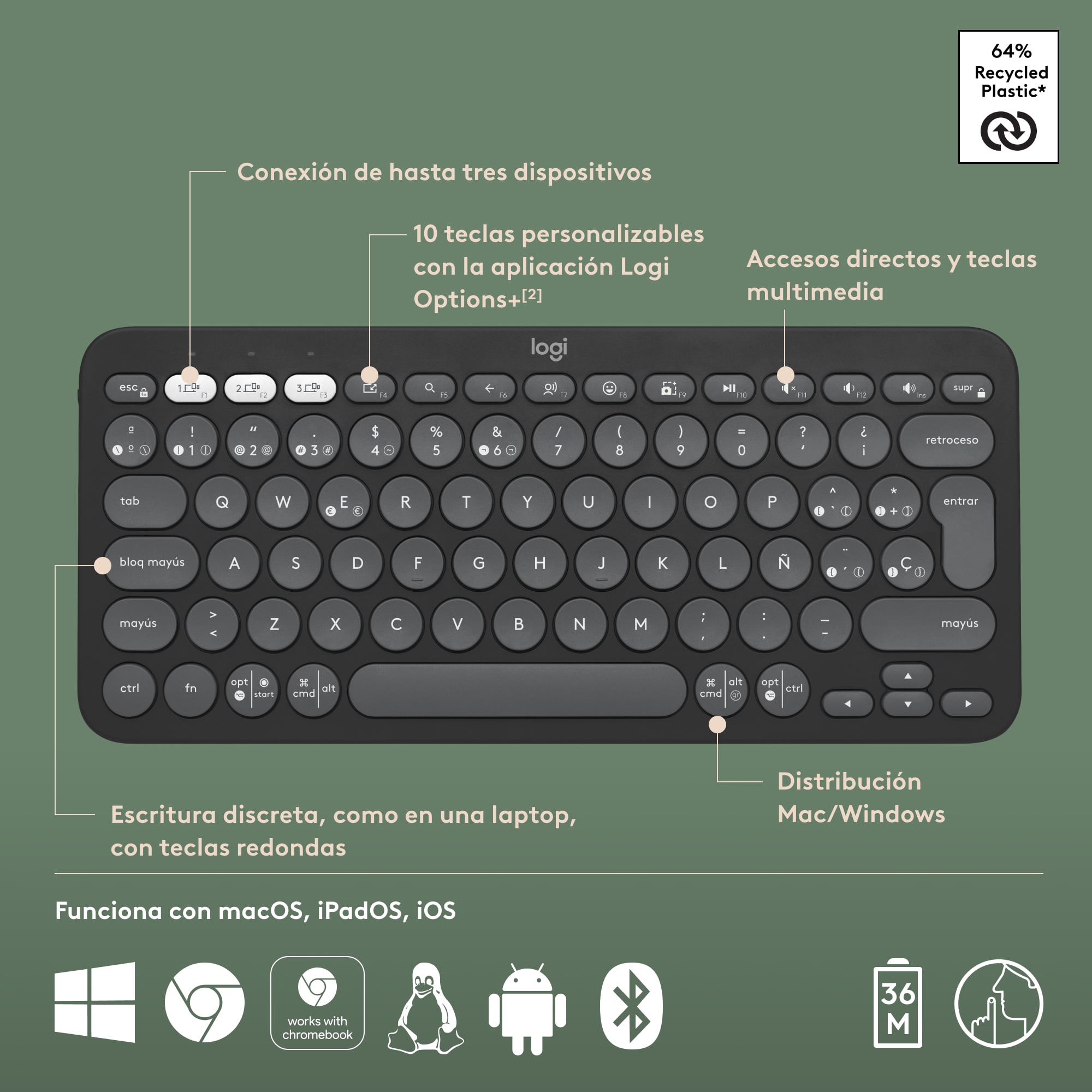 Teclado Bluetooth Multidispositivo Logitech Pebble Keys 2 K380S Grafito - 6