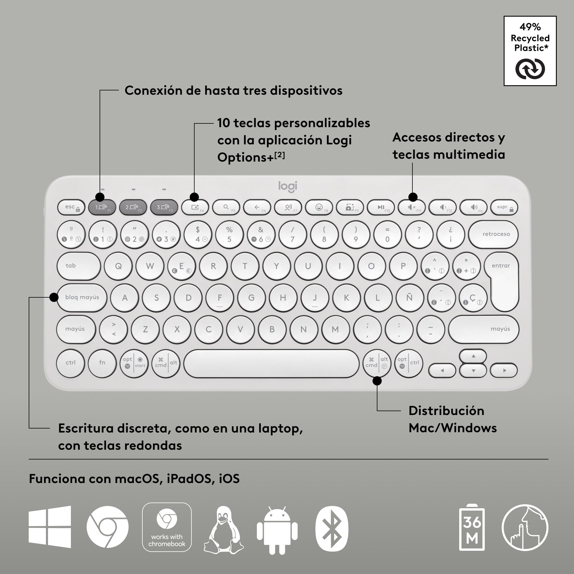 Teclado Bluetooth Multidispositivo Logitech Pebble Keys 2 K380S Blanco - 6
