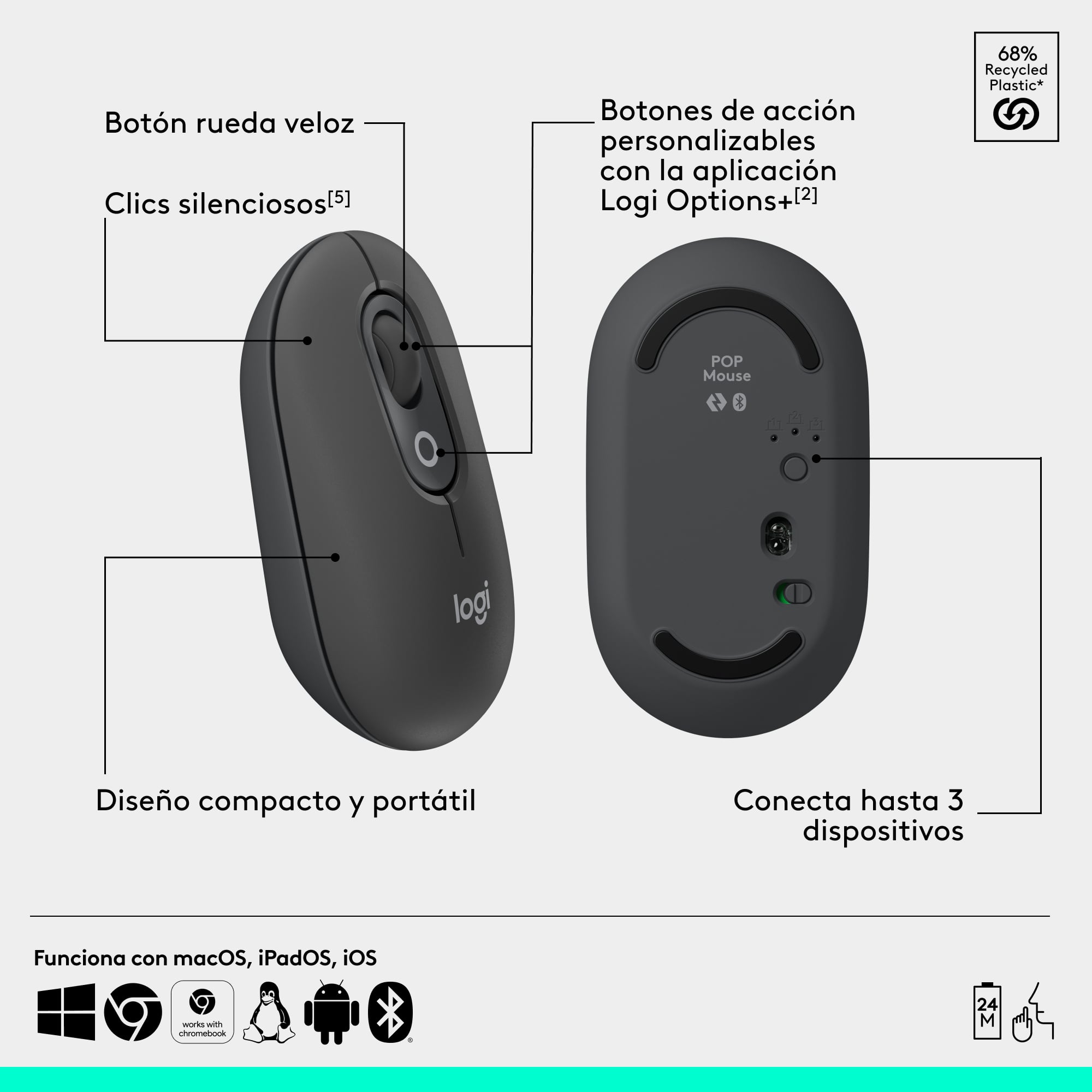 Combo teclado y mouse Logitech POP Icon Grafito - 6