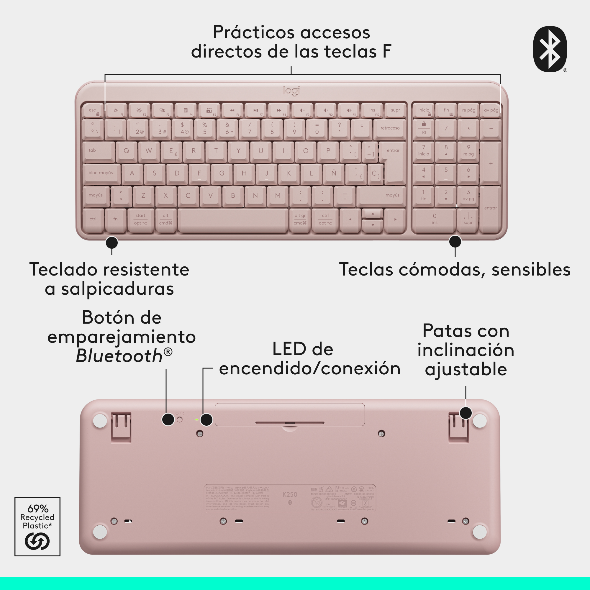 TECLADO LOGITECH K250 BLUETOOTH ROSE - 6