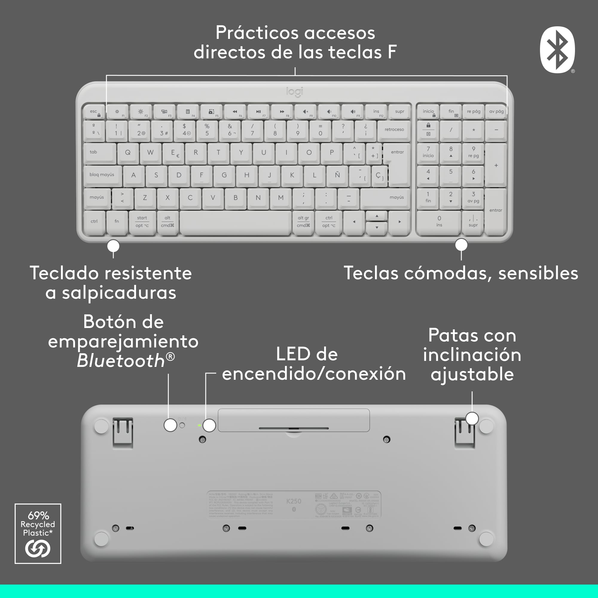 Teclado Inalámbrico Bluetooth Logitech K250 Blanco - 6