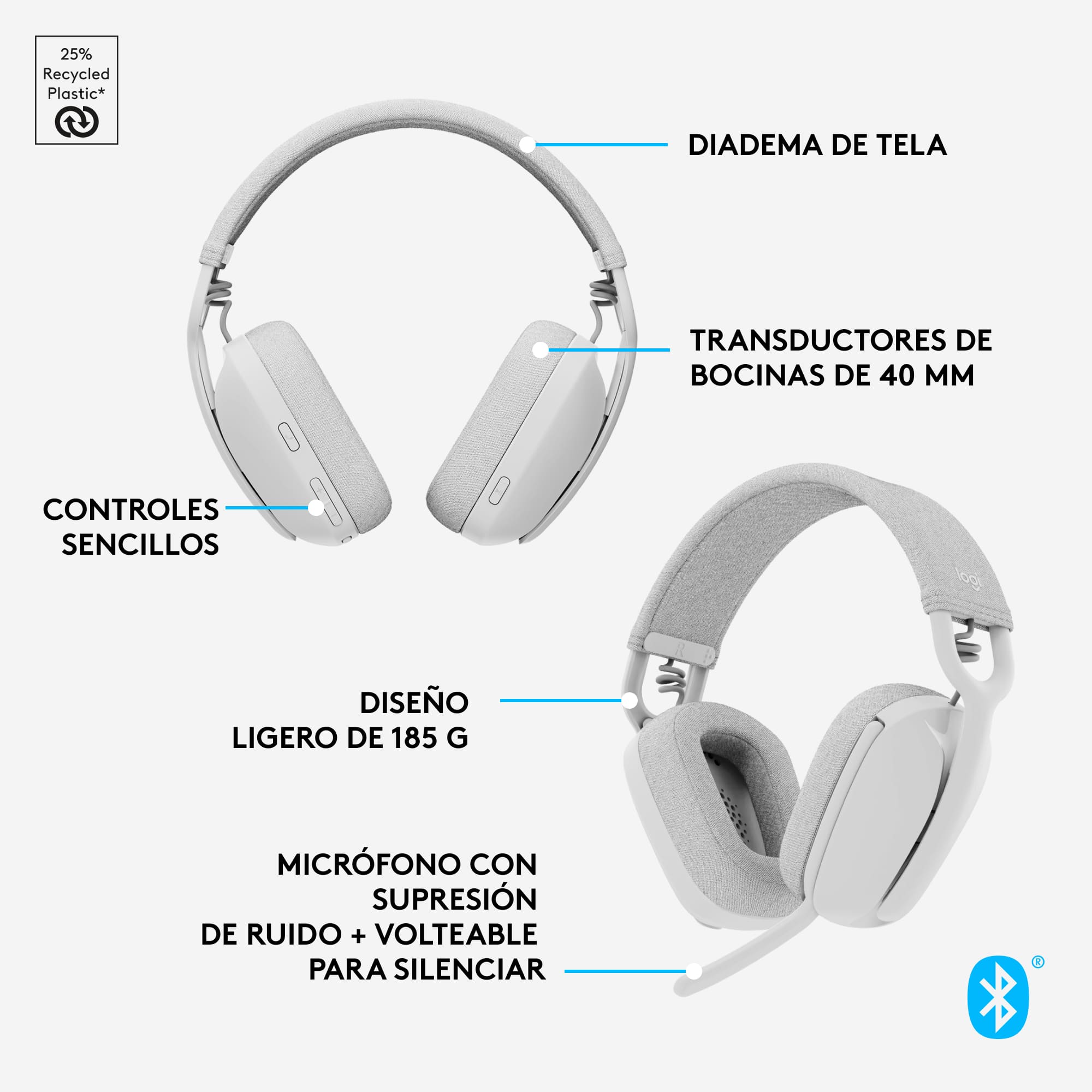 Audífonos Inalámbrico Logitech Zone Vibe 100 con Micrófono de Cancelación de Ruido Blanco - 6