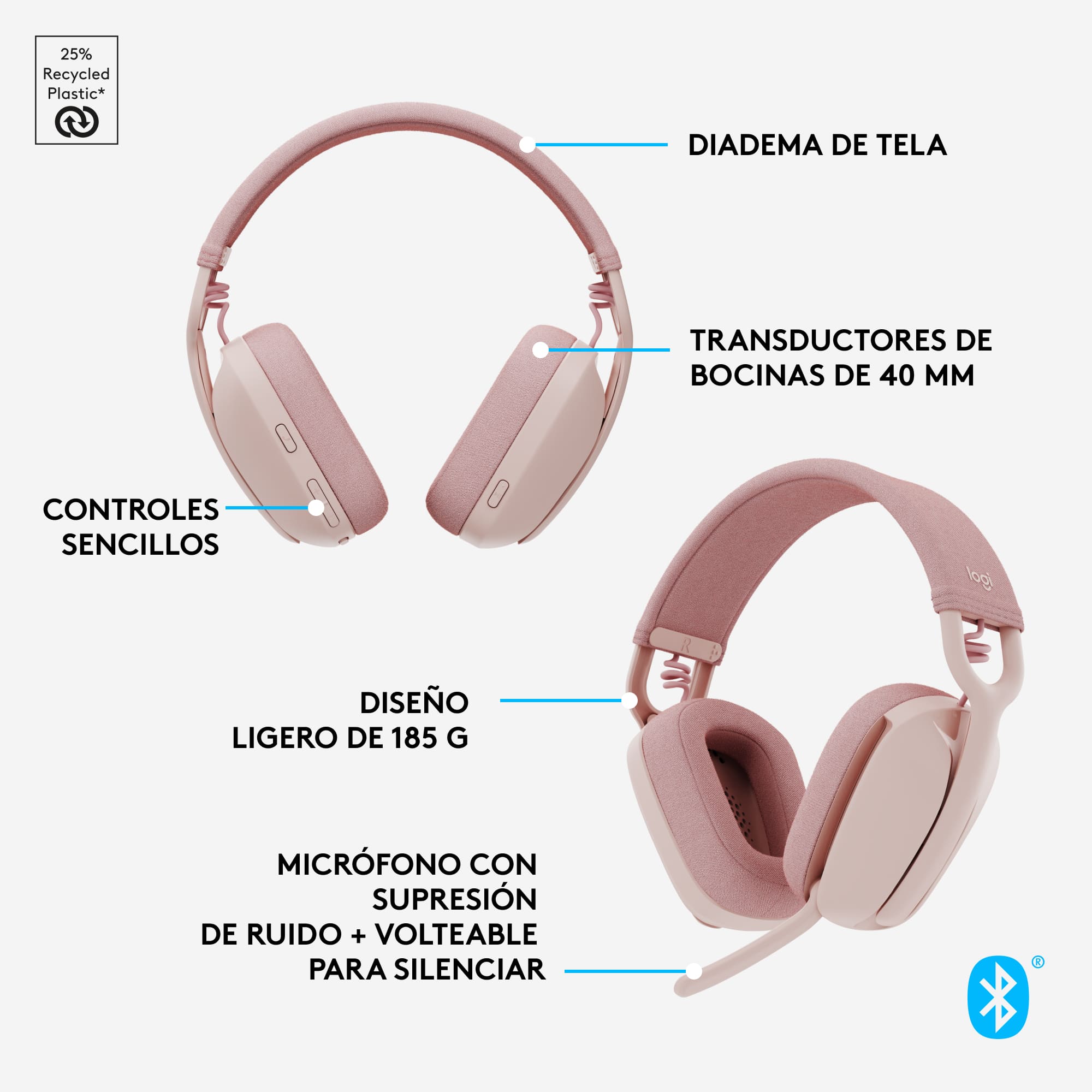 Audífonos Inalámabrico Logitech Zone Vibe 100 con Micrófono de Cancelación de Ruido Rosado - 6