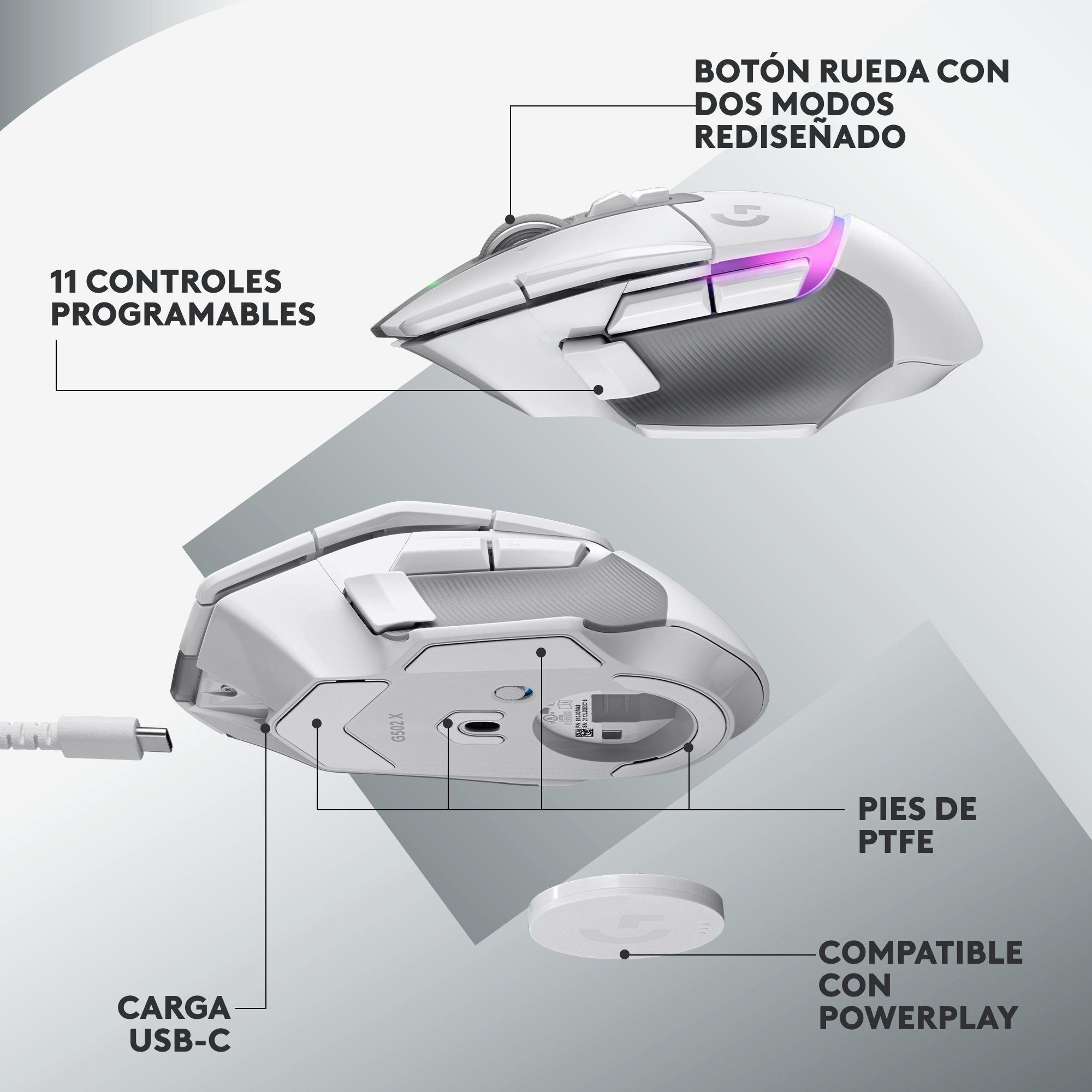 Mouse inalámbrico Logitech G502 X PLUS LIGHTSPEED RGB para juegos Blanco - 5