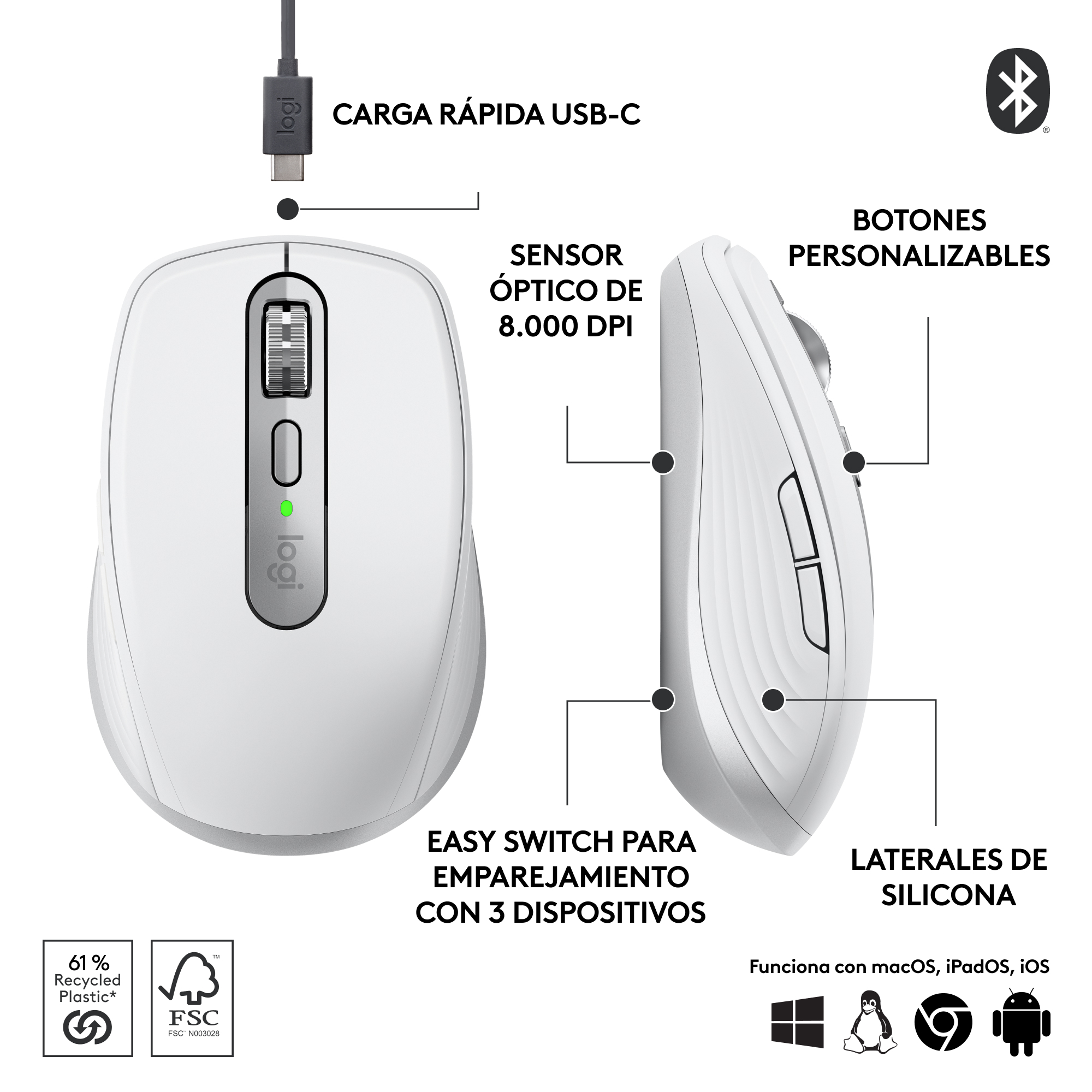 Mouse inalámbrico compacto de alto rendimiento Logitech MX Anywhere 3S PALE GREY - 4