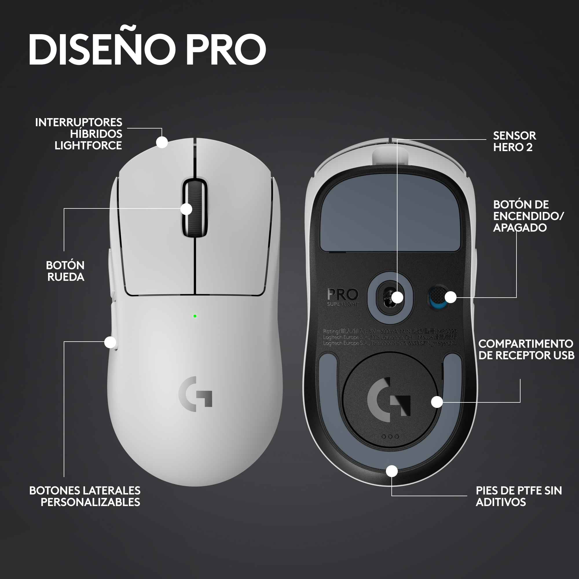Mouse Inalámbrico Logitech G PRO X SUPERLIGHT 2 LIGHTSPEED Blanco - 6