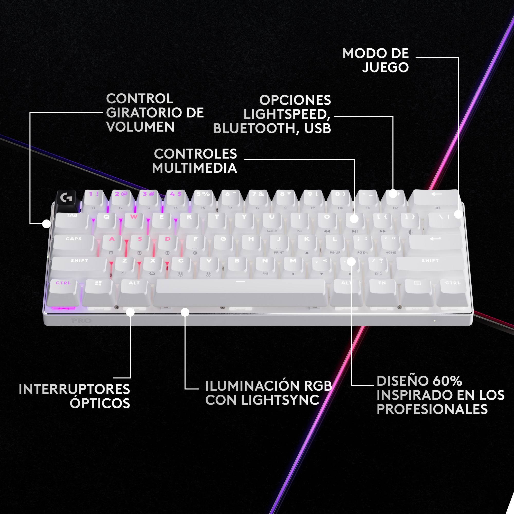 TECLADO LOGITECH PRO X 60 LIGHTSPEED BT/ÓPTICO/65 HRS/RGB WHITE - 3