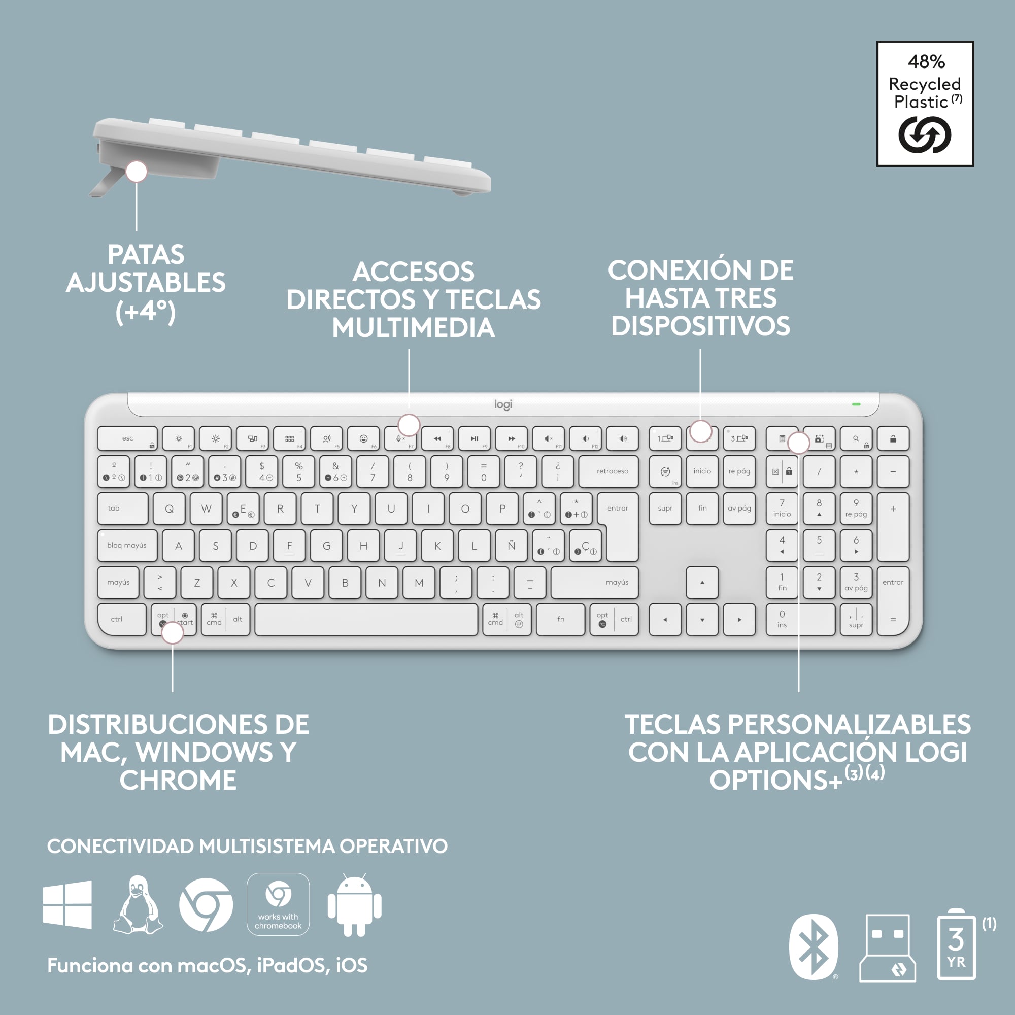 TECLADO LOGITECH SLIM SILENT K950 WIRELESS BOLT/BLUETOOTH SP WHITE - 9
