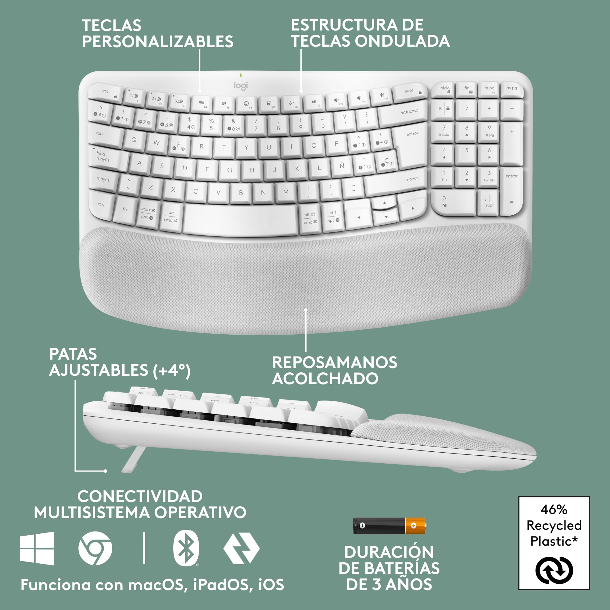 Teclado Ergonómico Inalámbrico Logitech Wave Keys con reposamanos Blanco - 5