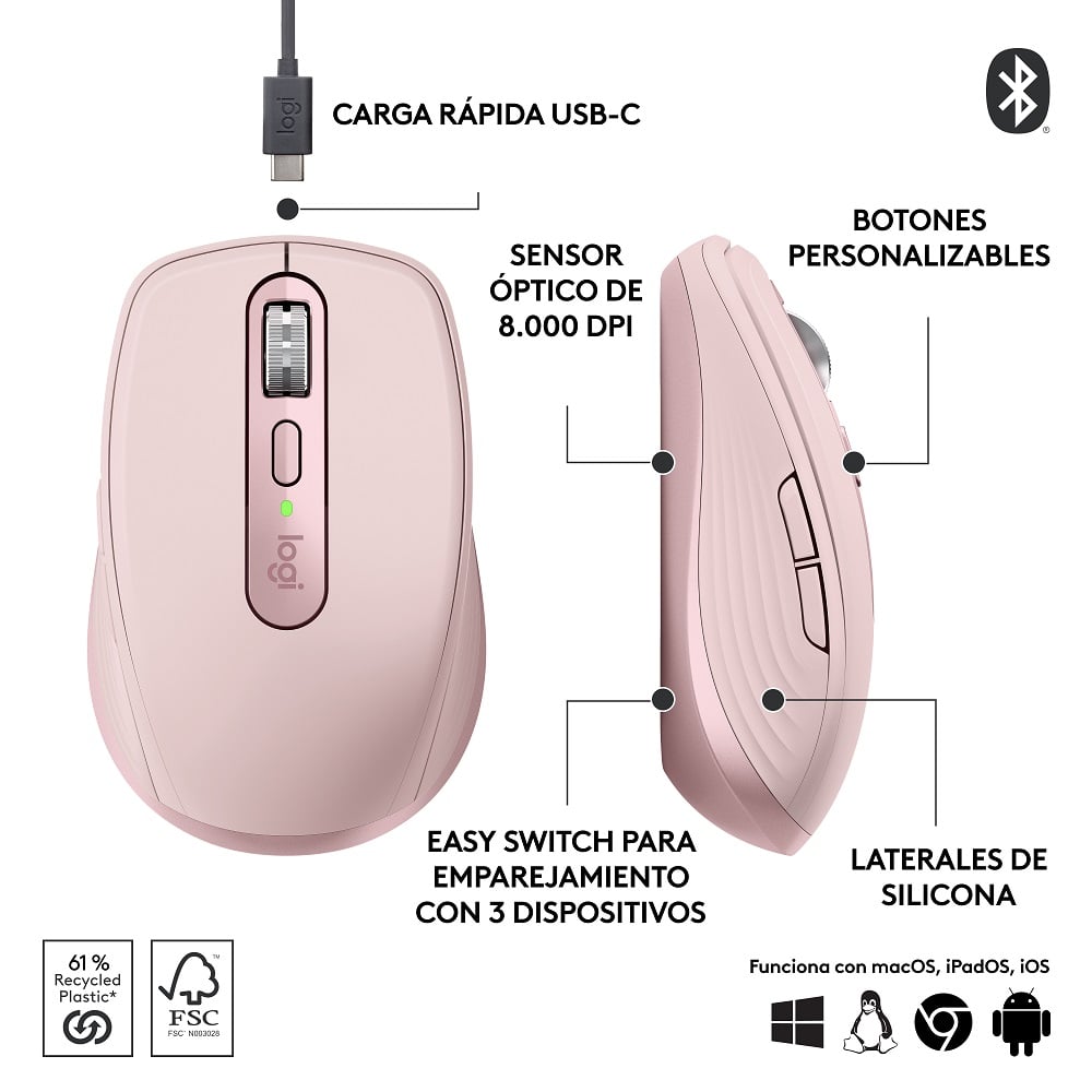 Mouse inalámbrico compacto de alto rendimiento Logitech MX Anywhere 3S Rose - 5