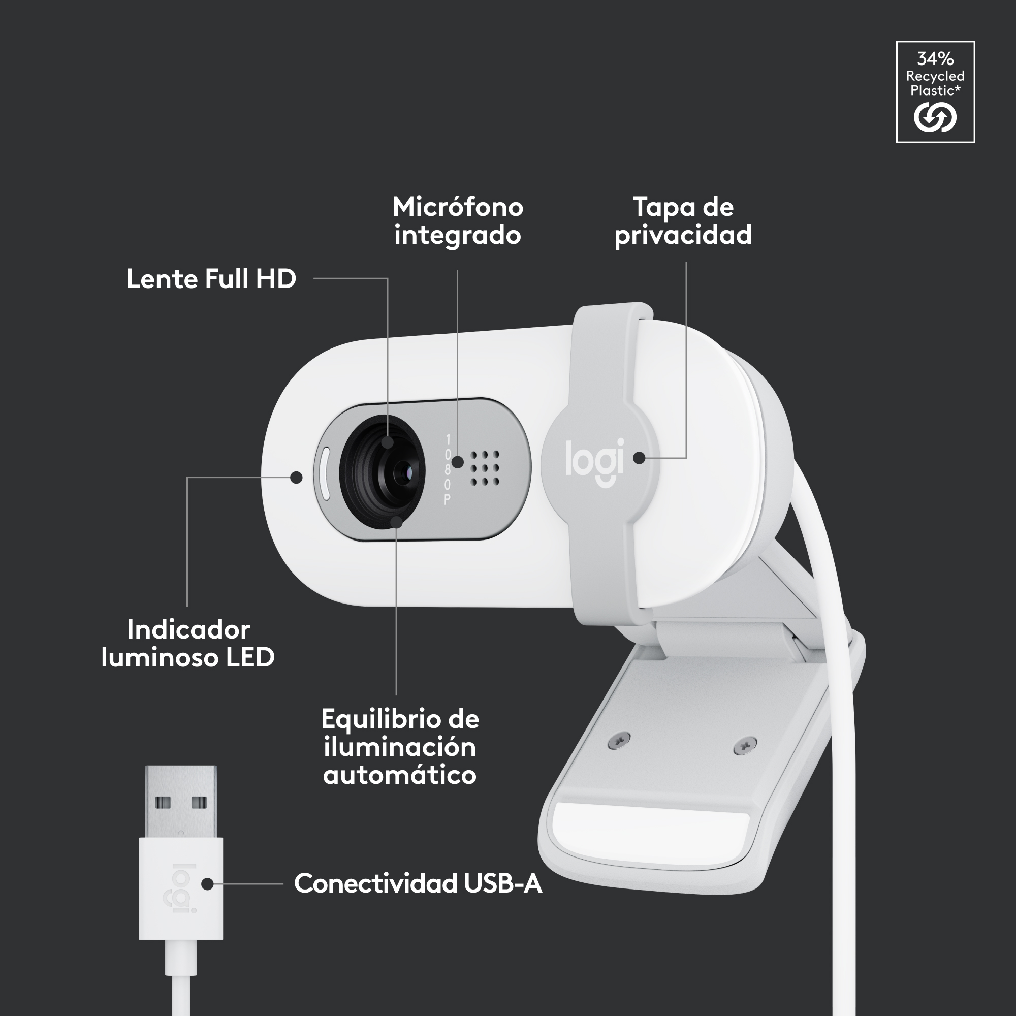 Cámara Web Logitech Brio 100 FHD 1080P Blanco - 6