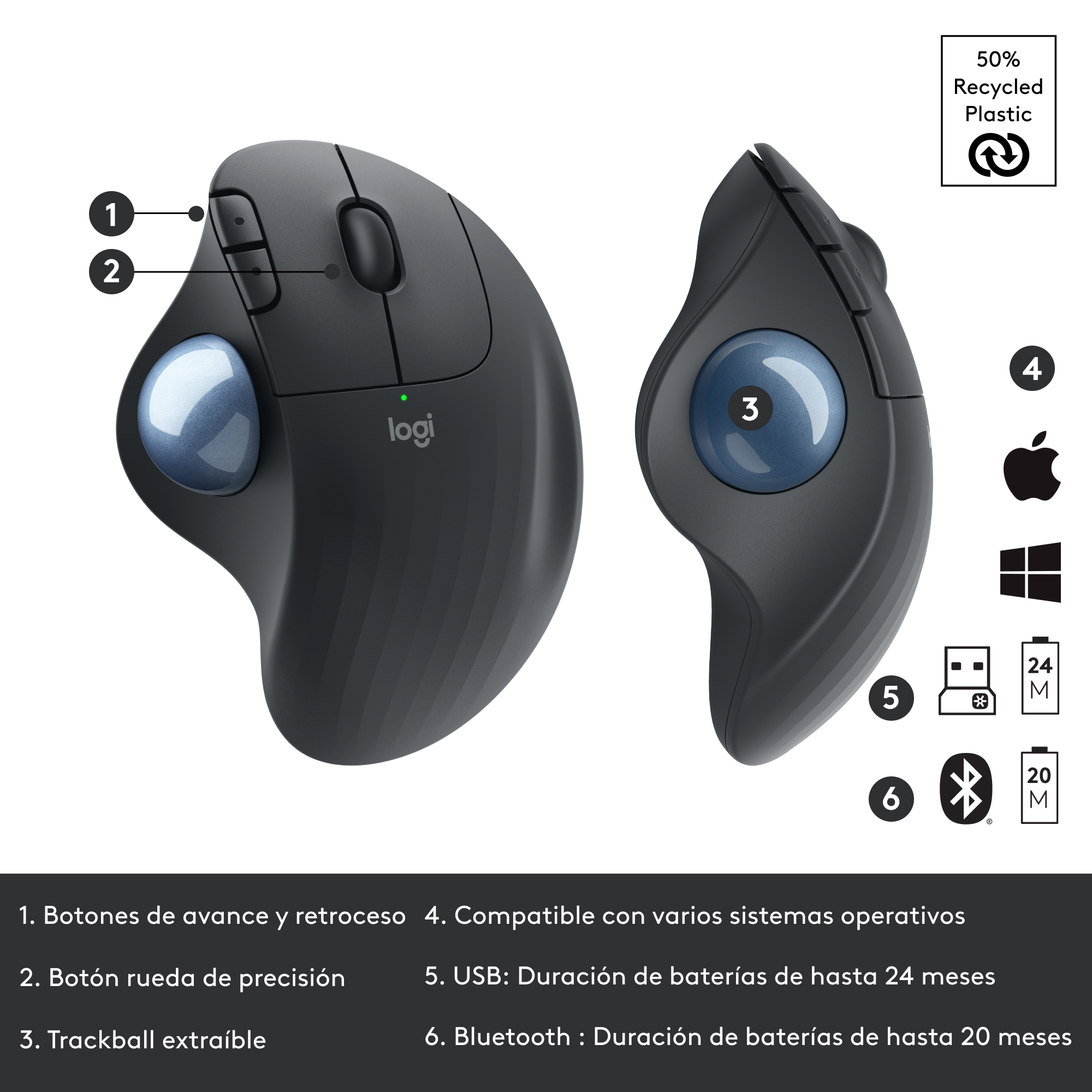MOUSE INALÁMBRICO TRACKBALL ERGO M575S NEGRO - 6