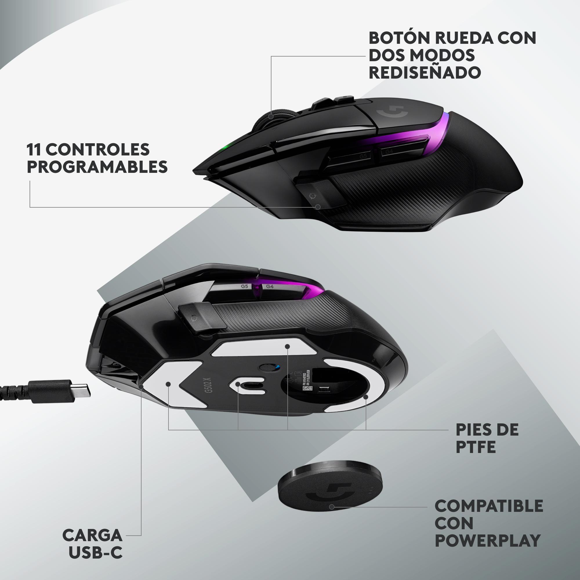 Mouse inalámbrico Logitech G502 X PLUS LIGHTSPEED RGB para juegos Negro - 6