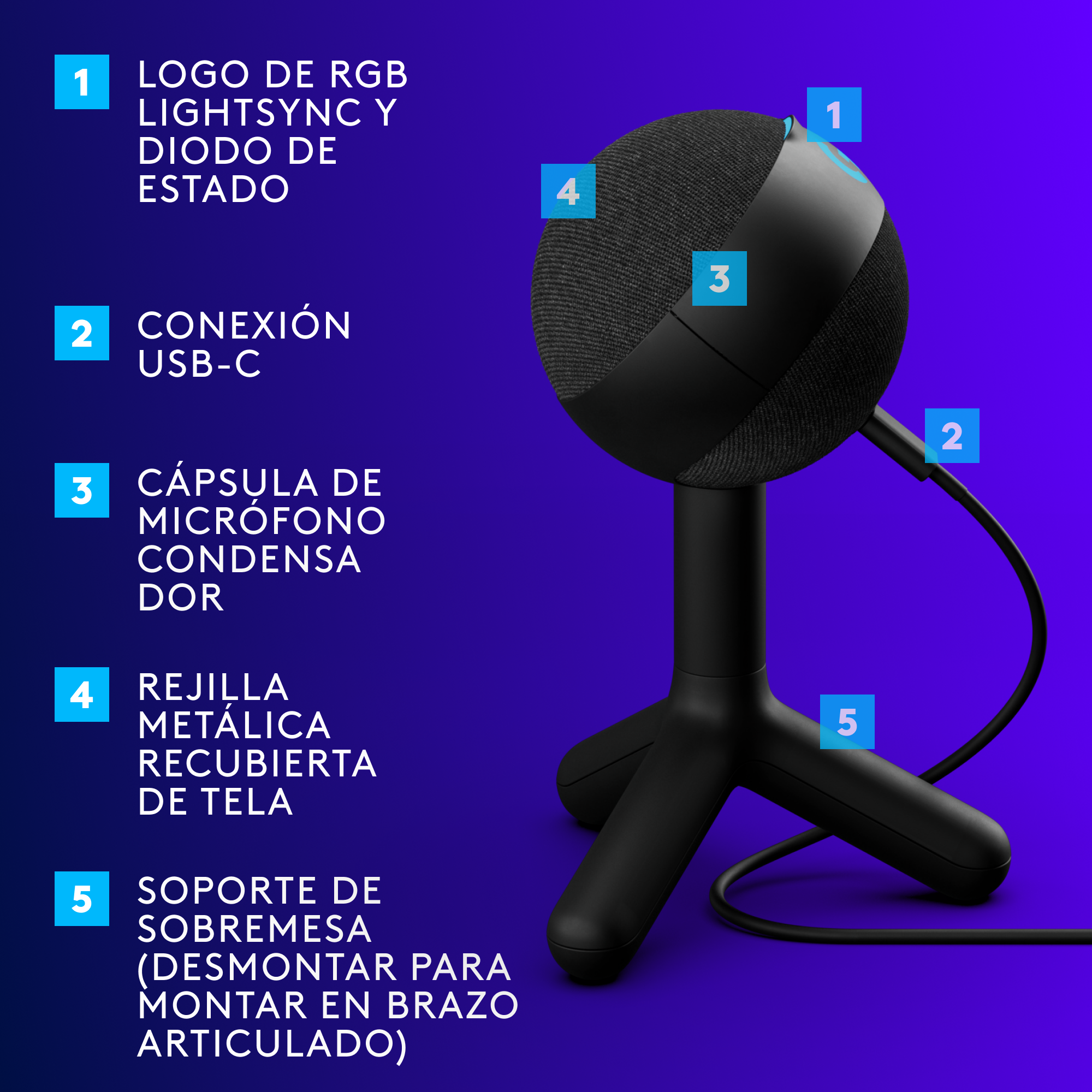 Micrófono Yeti Orb con condensador RGB para juegos Negro - 4