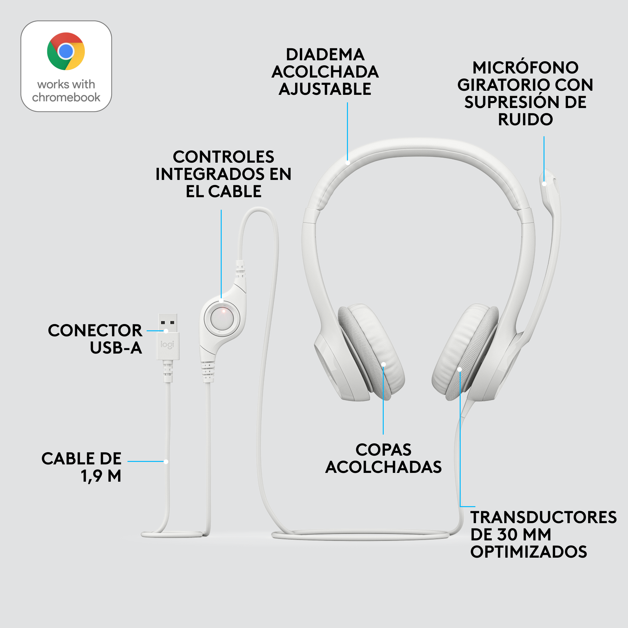 COMBO CÁMARA WEB LOGITECH BRIO 100 +AUDIFONO USB H390 BLANCO - 7