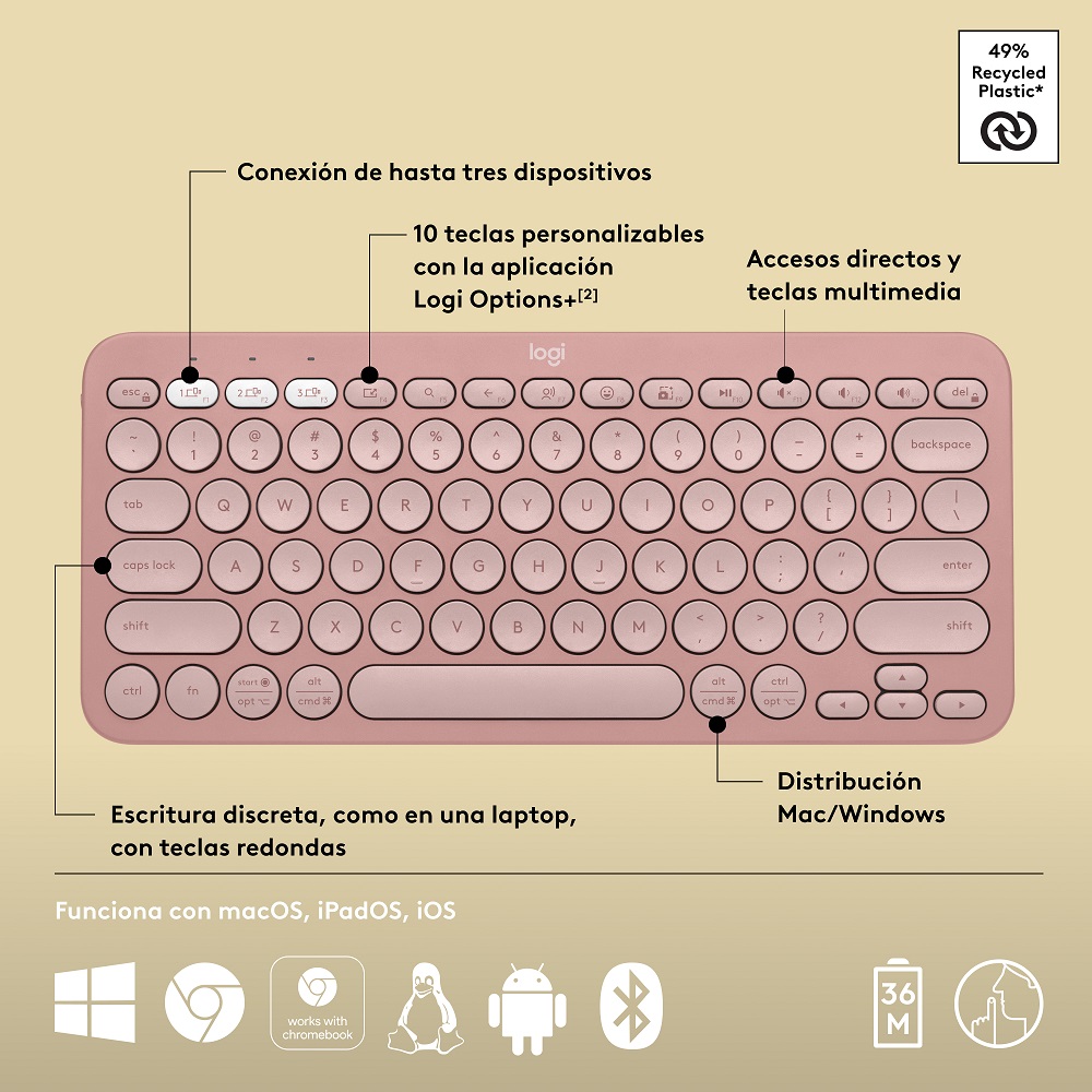 COMBO BT LOGITECH TECLADO K380S + MOUSE M240 ROSADO - 5