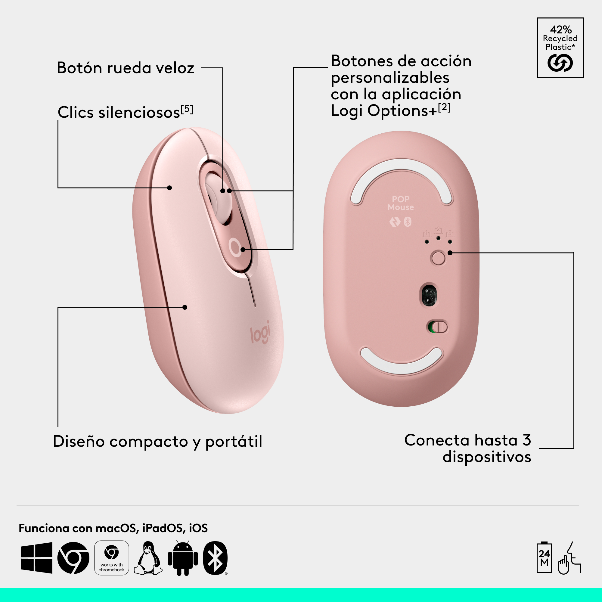 COMBO BLUETOOTH LOGITECH POP ICON + DESK MAT STUDIO ROSADO - 2