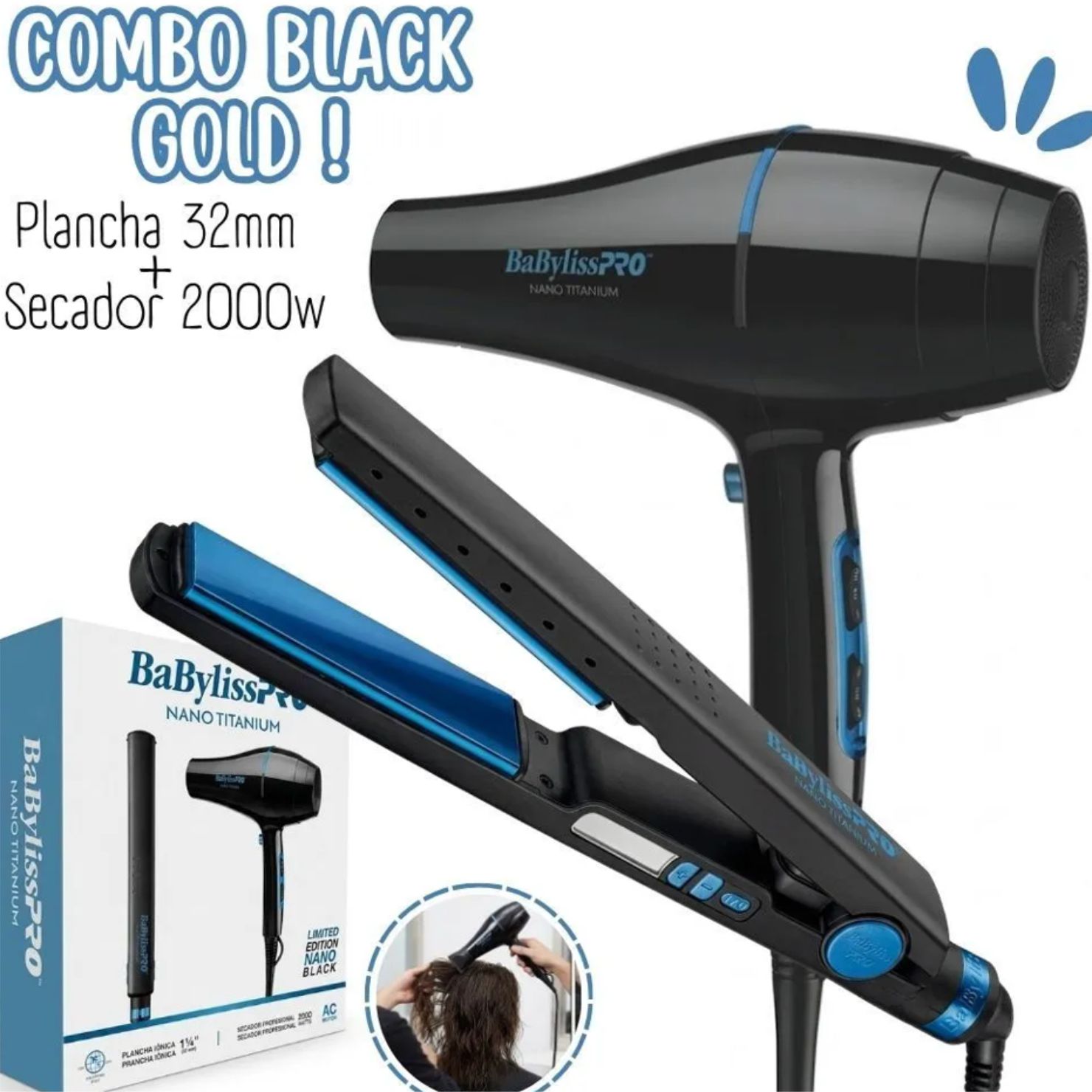 COMBO BABYLISSPRO BBLPP4PE PLANCHA BLUE BLACK MAS SECADOR NANO BLUE - 1
