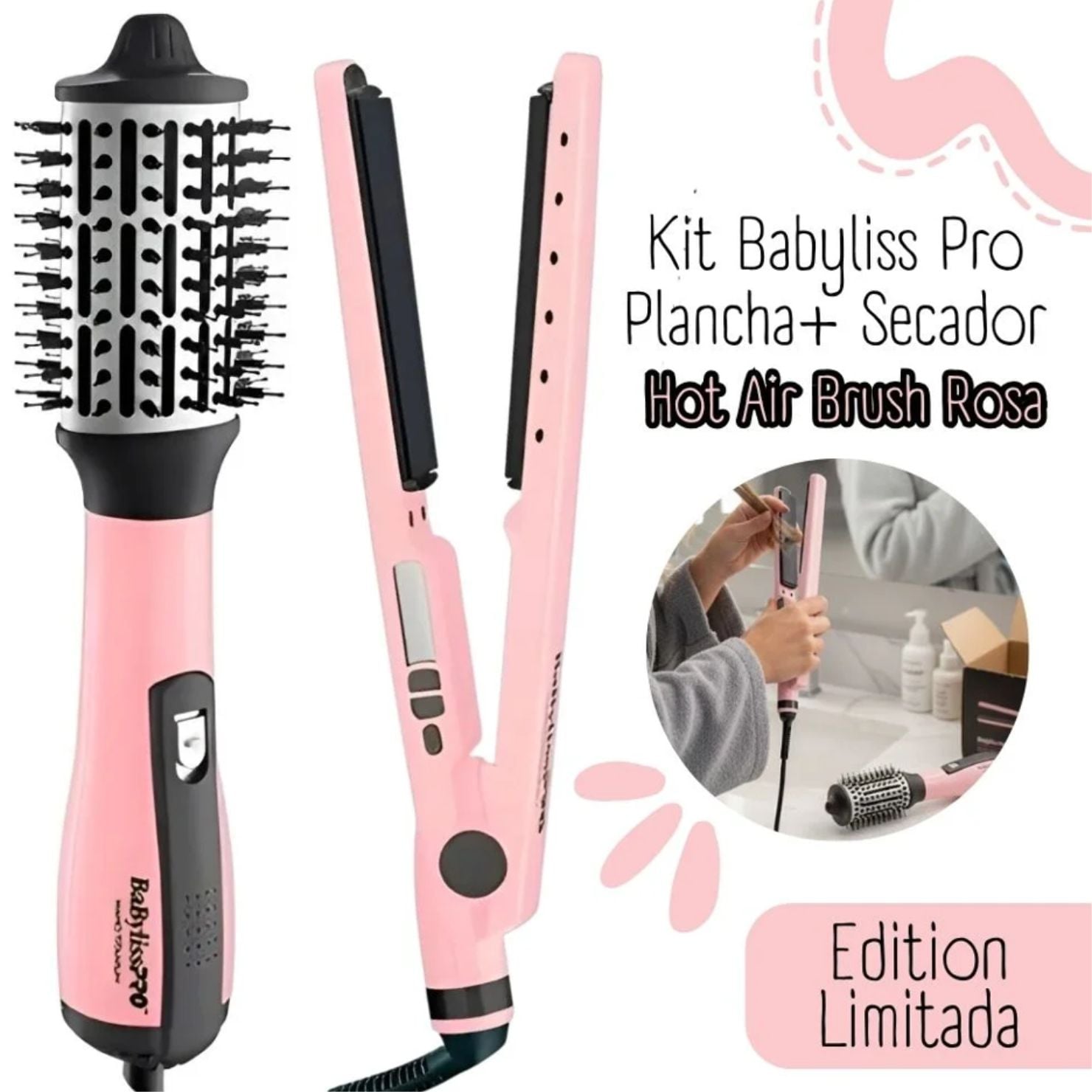 COMBO BABYLISSPRO PINK BLACK PLANCHA IONICA Y CEPILLO DE AIRE CALIENTE - 1