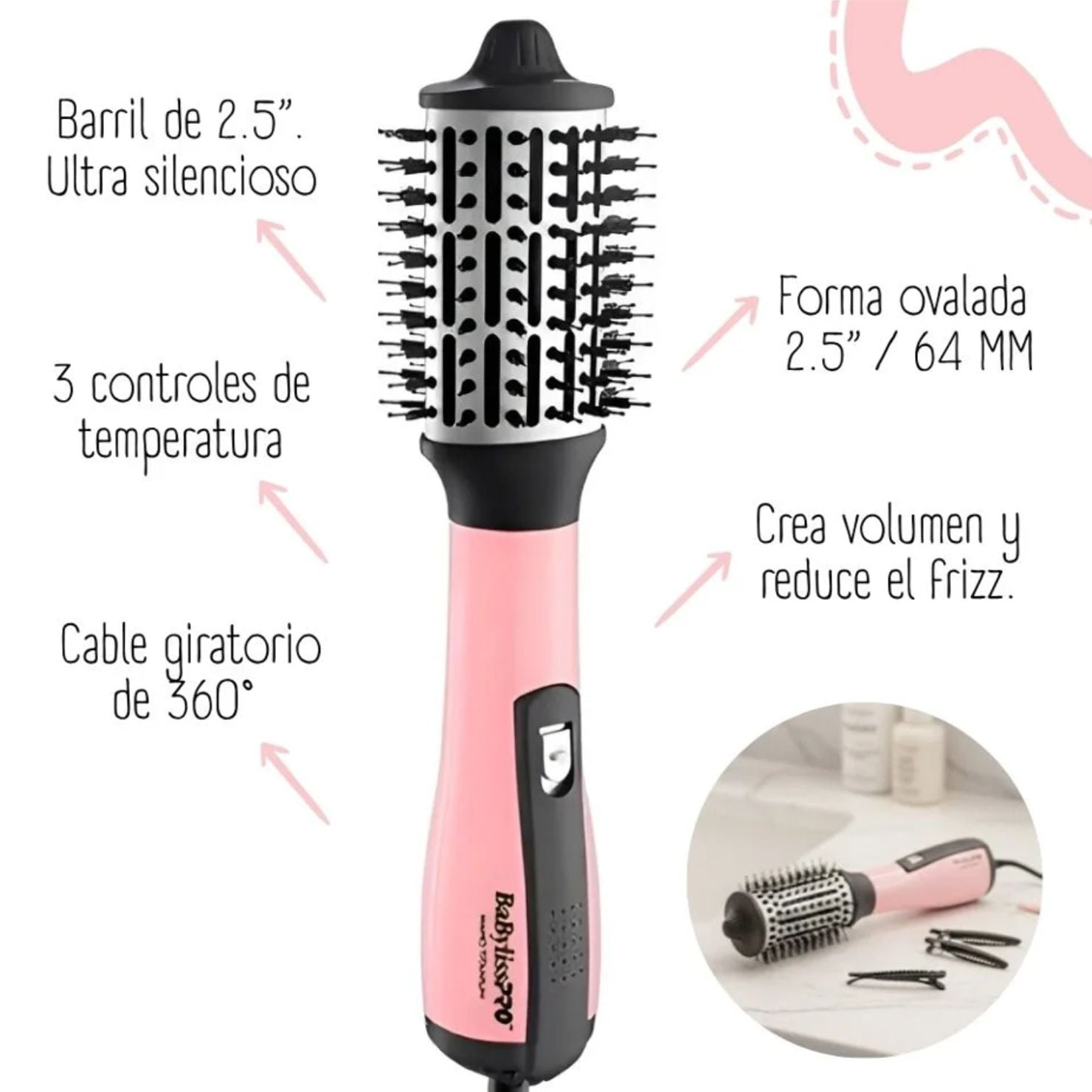 COMBO BABYLISSPRO PINK BLACK PLANCHA IONICA Y CEPILLO DE AIRE CALIENTE - 3