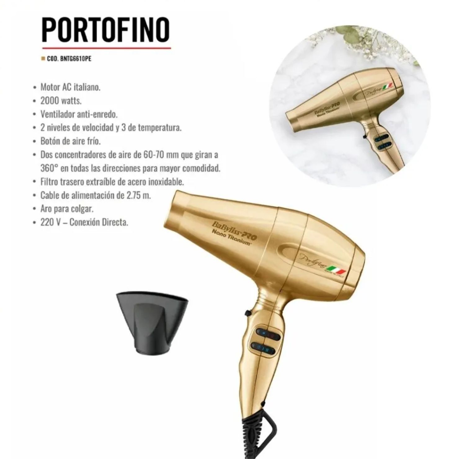 SECADORA BABYLISSPRO PORTOFINO GOLD 2000W USO PROFESIONAL - 4