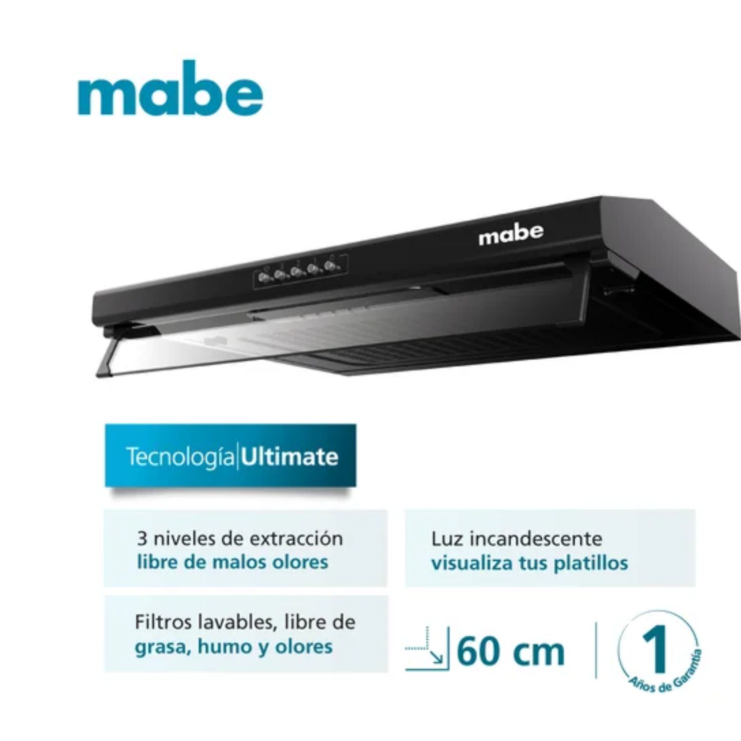 CAMPANA EXTRACTORA MABE 60 CM CMU6020PB0 CON VISERA DE CRISTAL - 2