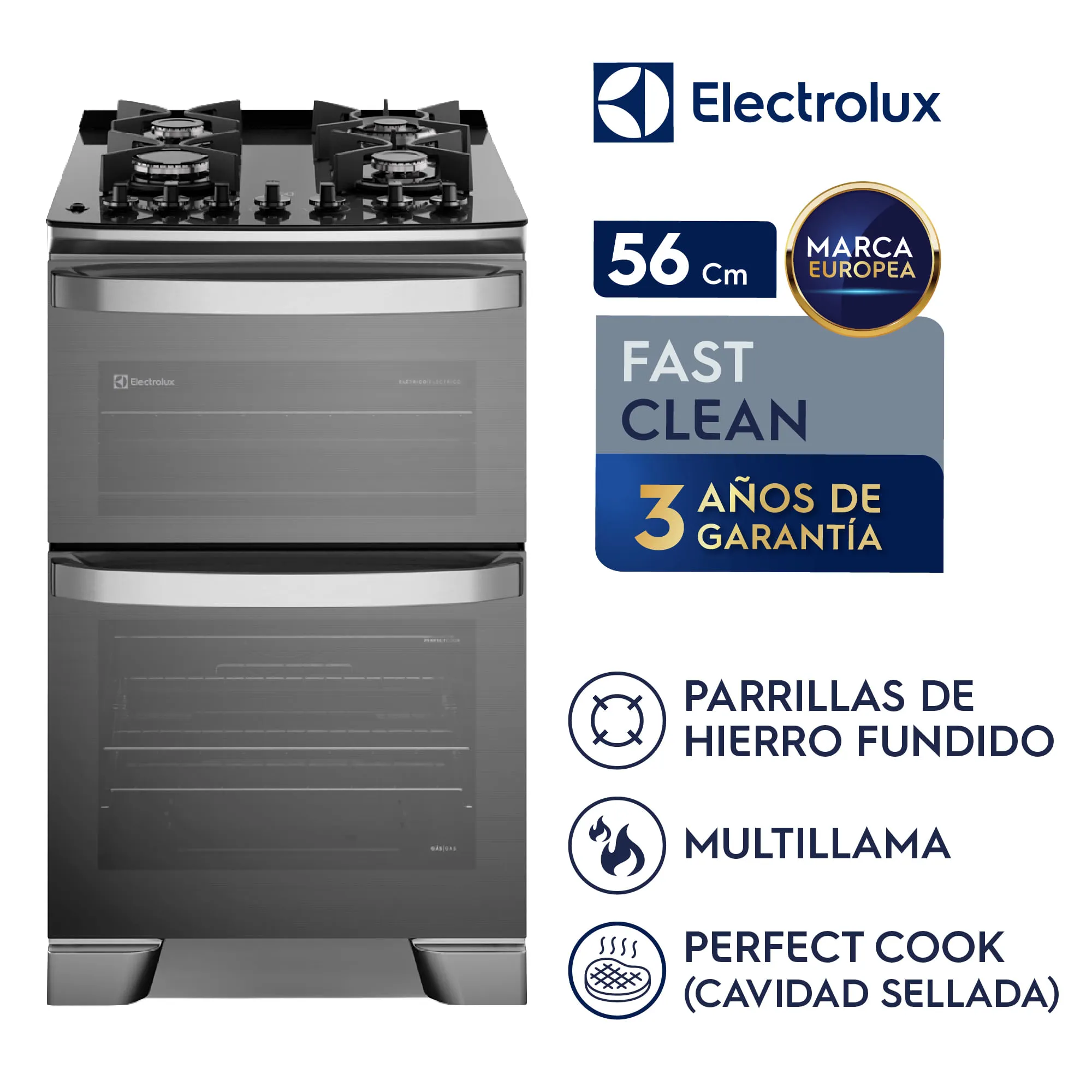 COCINA ELECTROLUX EXPERIENCE 4 QUEMADORES DOBLE HORNO, PERFECTCOOK Y PARRILLAS HIERRO FUNDIDO F4EDG - 1
