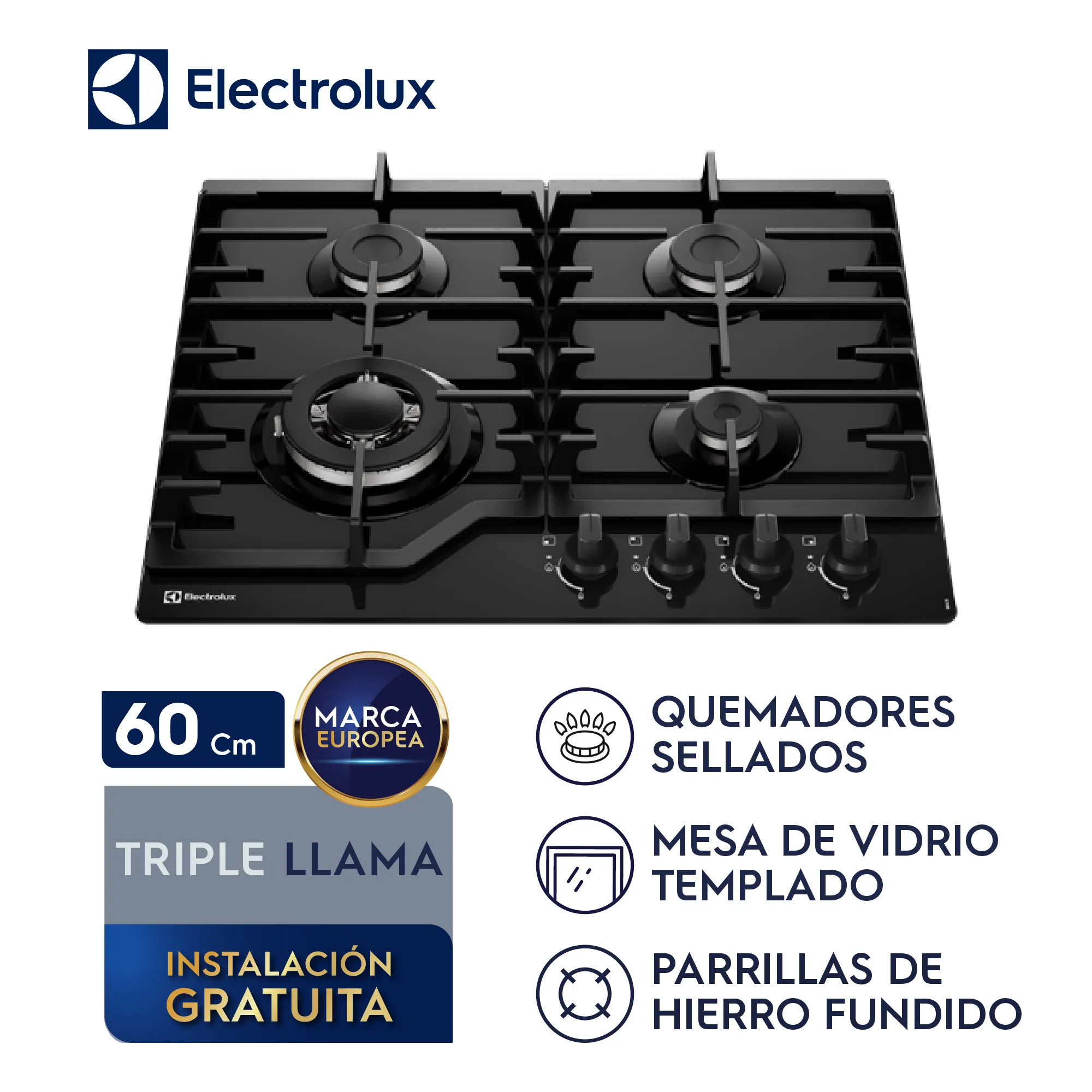 ENCIMERA A GAS 4 HORNILLAS 60CM MESA DE VIDRIO ELECTROLUX KE4CB - 1
