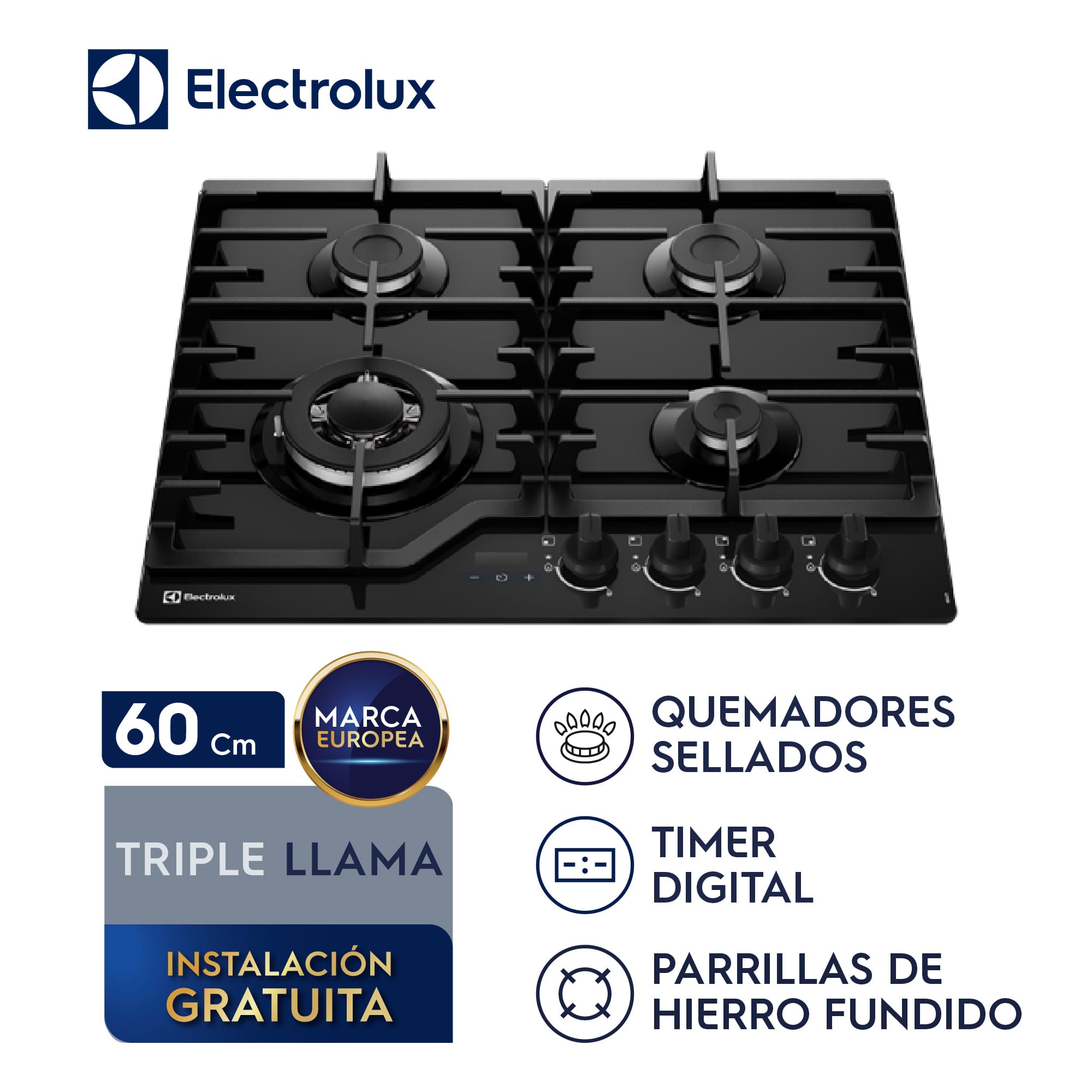 ENCIMERA A GAS 4 HORNILLAS 60CM MESA DE VIDRIO ELECTROLUX KE4CT - 2