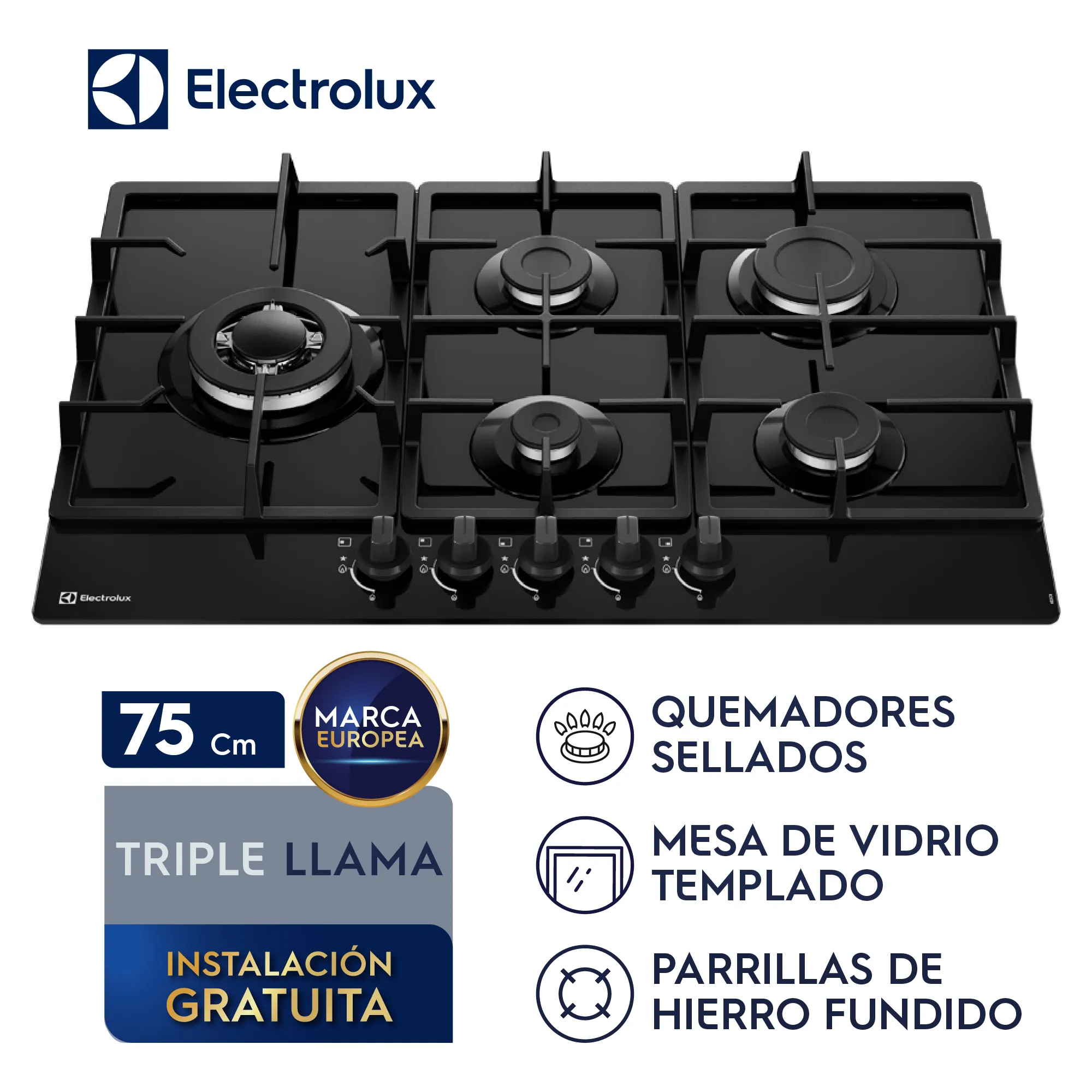 ENCIMERA A GAS 5 HORNILLAS 75CM MESA DE VIDRIO ELECTROLUX KE5CB - 1