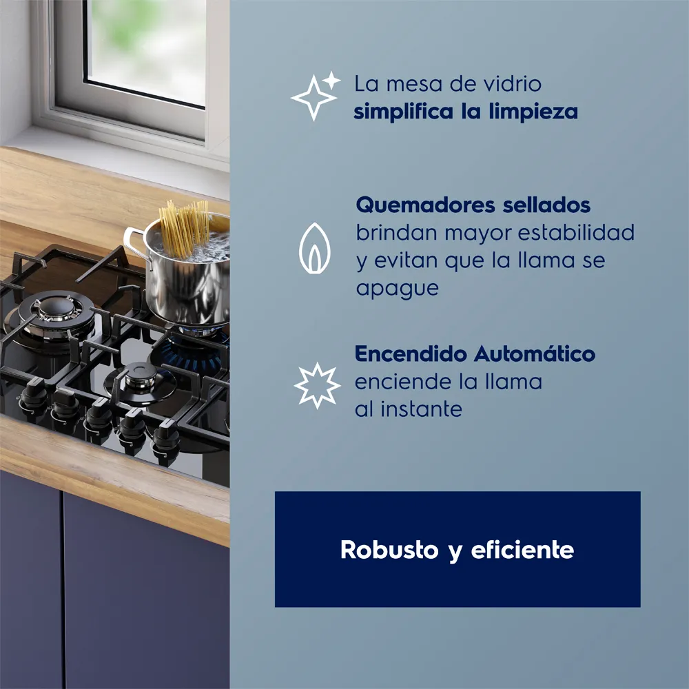 ENCIMERA A GAS 5 HORNILLAS 75CM MESA DE VIDRIO ELECTROLUX KE5CB - 4
