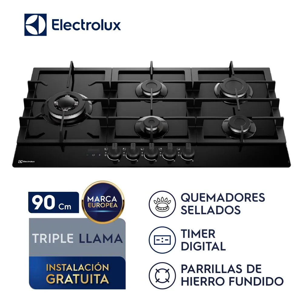ENCIMERA A GAS 5 HORNILLAS 90CM MESA DE VIDRIO ELECTROLUX KE5DT - 1