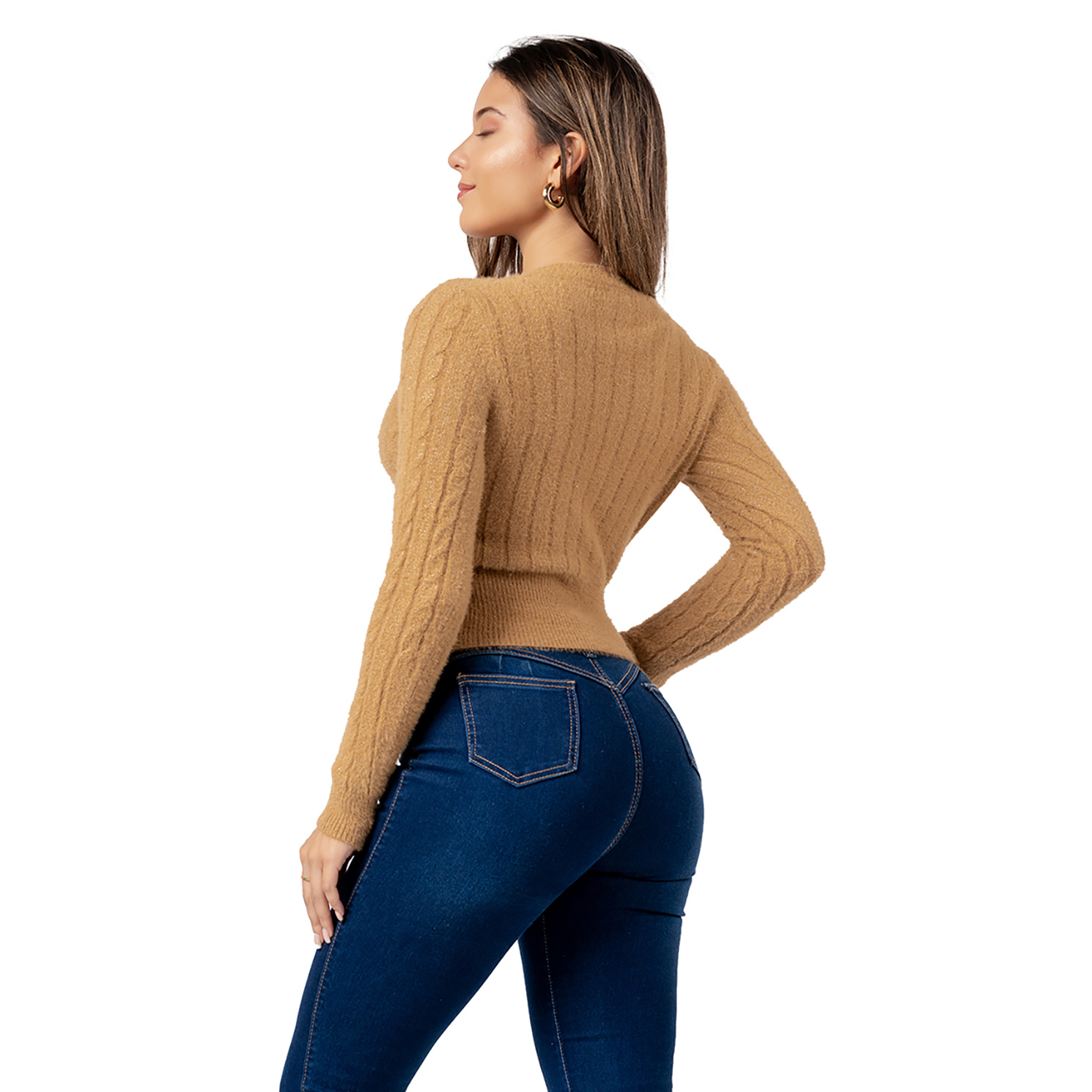 SWEATER MANGA LARGA MUJER CAMEL ANGORA CON HILOS DE BRILLO - 2